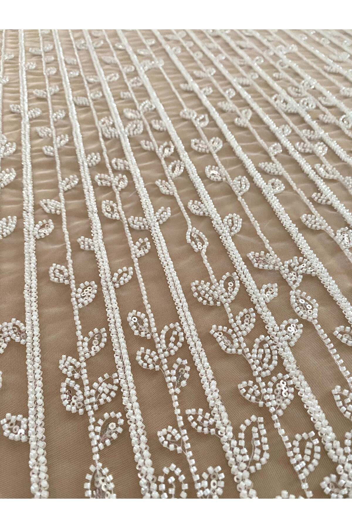 Luxuro-Ivory Couture Lace with Linear and Leaf Pattern, with Beads and Sequins 5