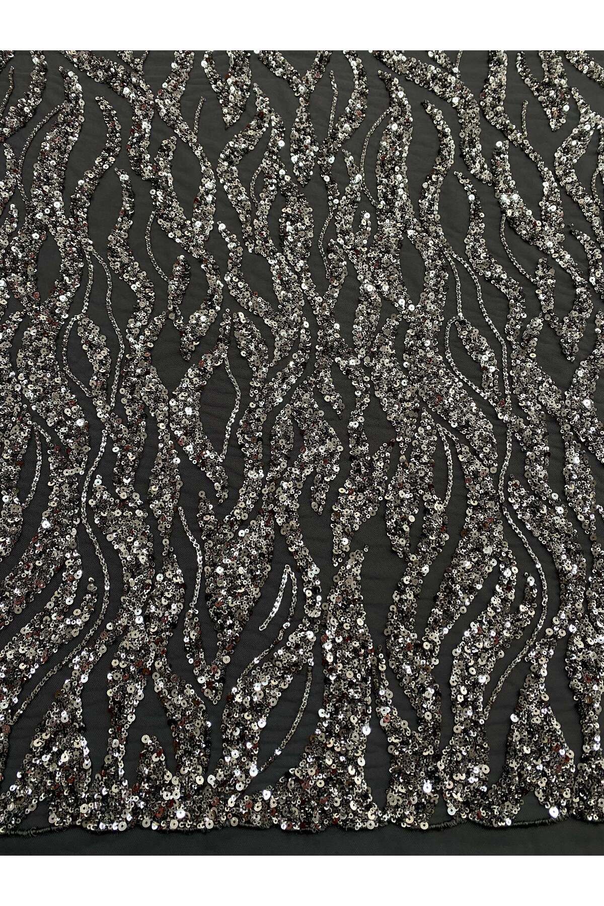 Luxuro-Anthracite Grey Couture Lace with Strings, Beads and Sequins 7