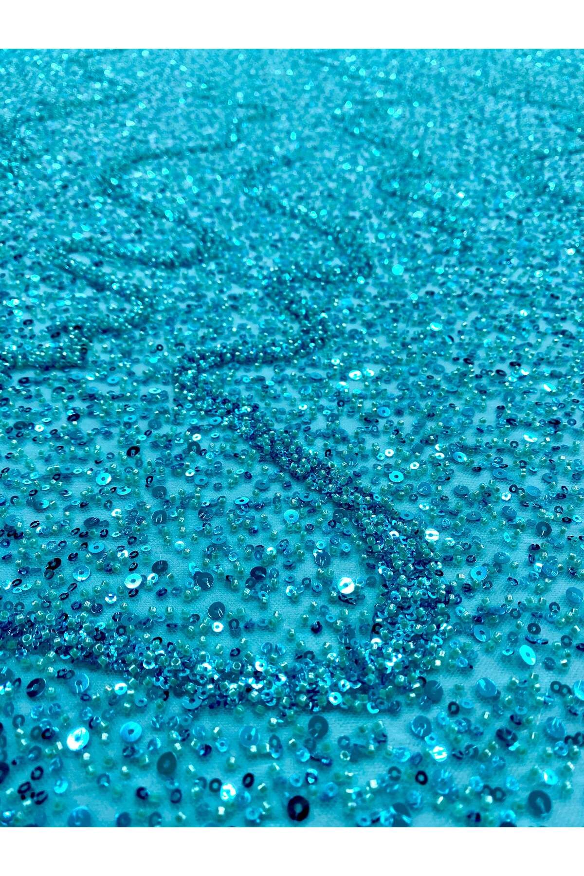 Luxuro-Turquoise Couture Lace with General Pattern with Strings, Beads and Sequins 5