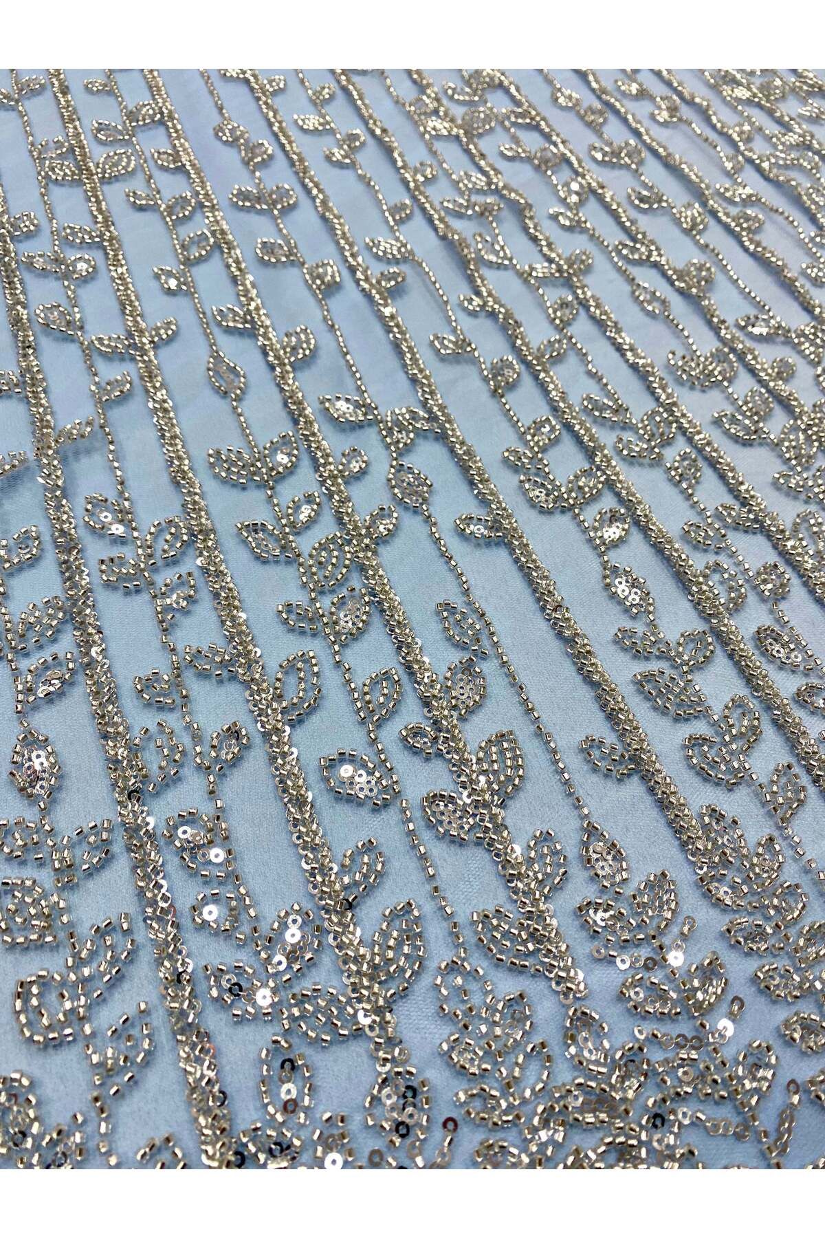 Luxuro-Silver Couture Lace on Baby Blue Tulle with Linear and Leaf Pattern, with Beads and Sequins 3