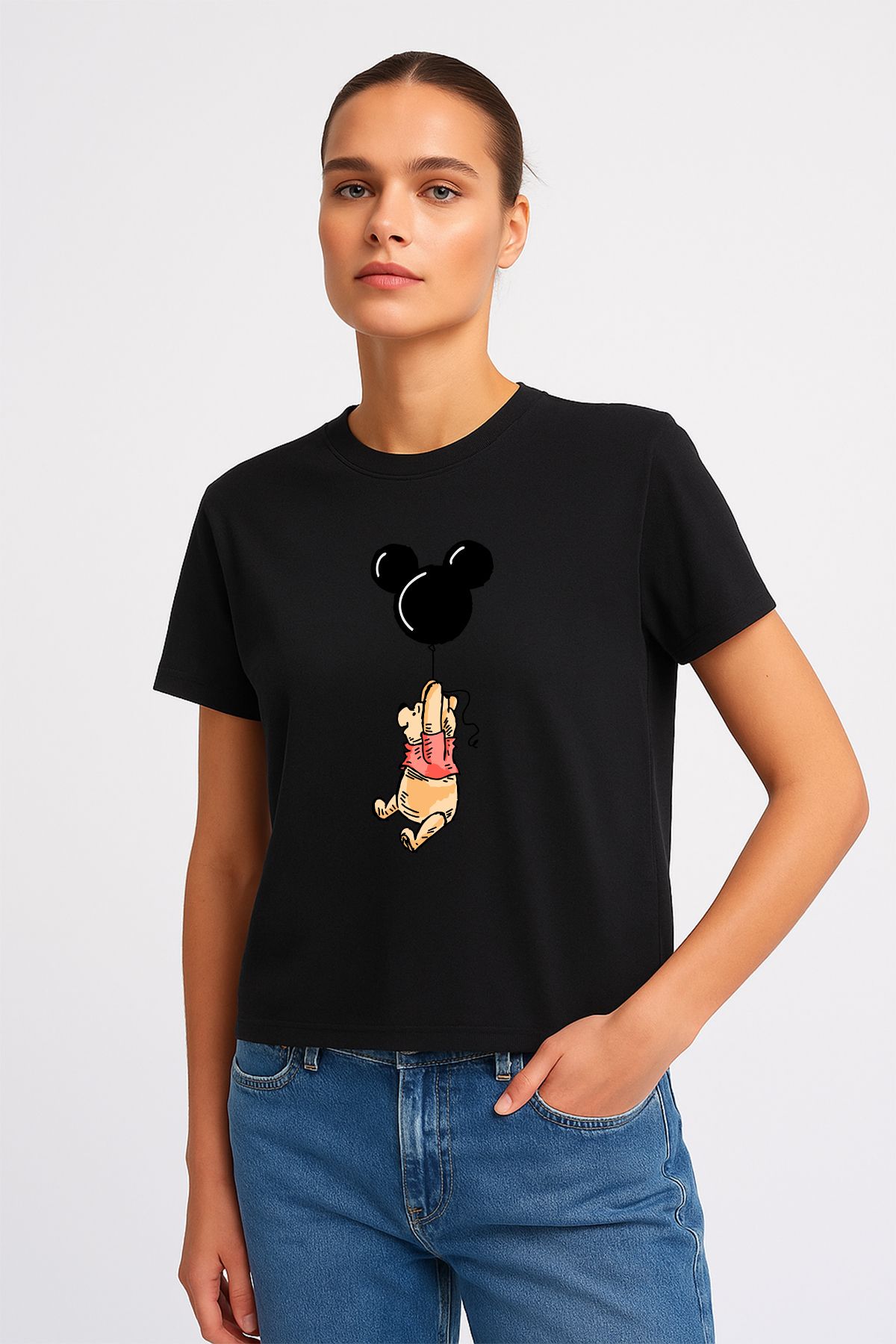 uniqwo Unisex Balon Winnie The Pooh Baskılı %100 Pamuk Premium Regular T-Shirt