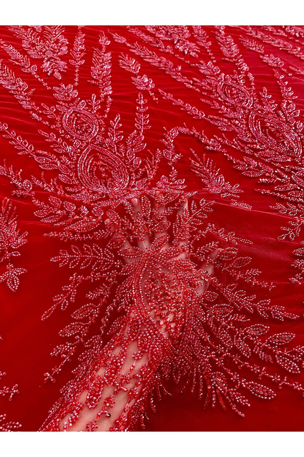 Luxuro-Red Couture Lace with Symmetrical Pattern, Beads and Sequins 6