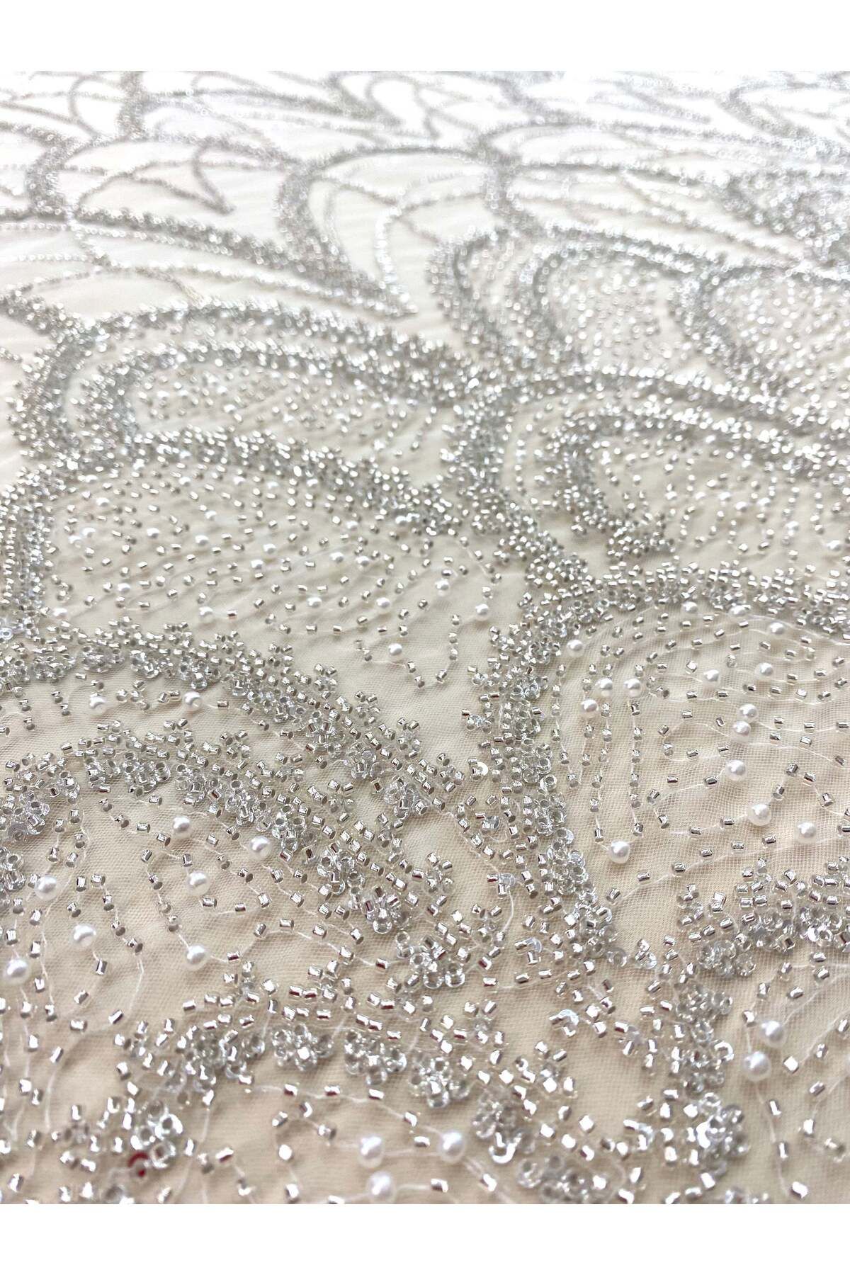 Luxuro-Silver Couture Lace with Geometric Pattern, with Pearls, Beads and Sequins 4