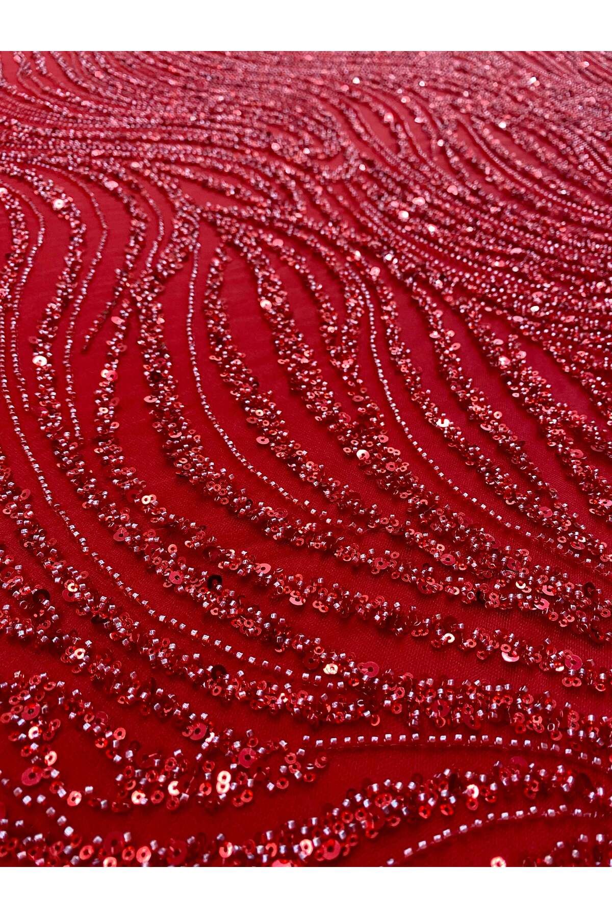 Luxuro-Red Couture Lace with Linear Pattern, Beads and Sequins 7