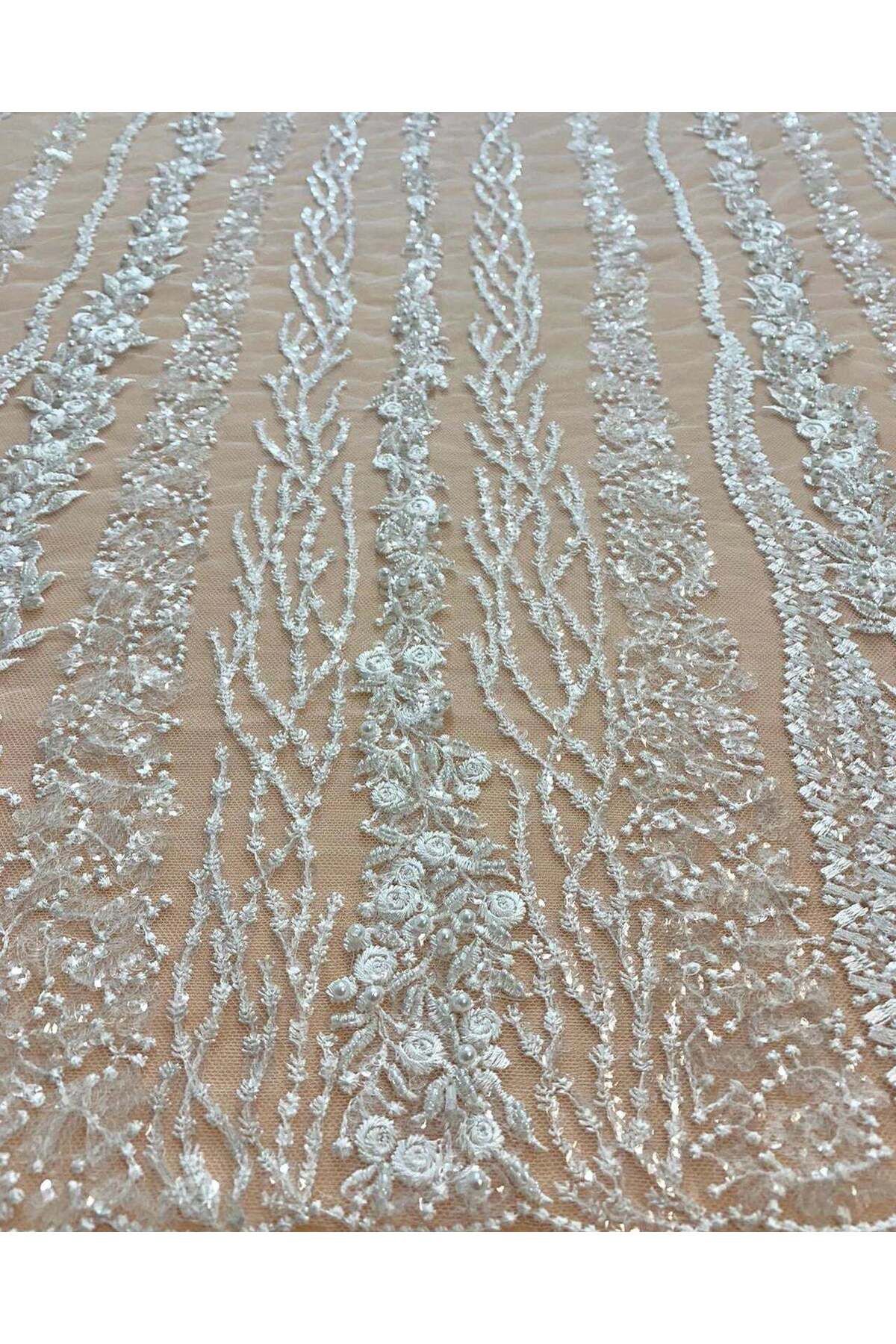 Luxuro-Lace with Linear Pattern with Flowers, Pearls and Sequins 2