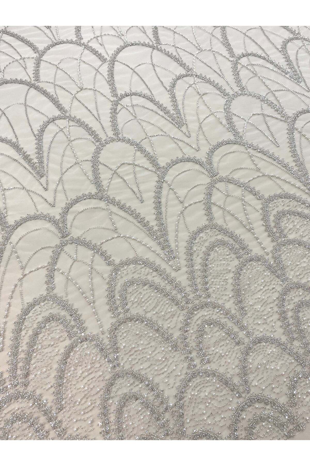 Luxuro-Silver Couture Lace with Geometric Pattern, with Pearls, Beads and Sequins 5