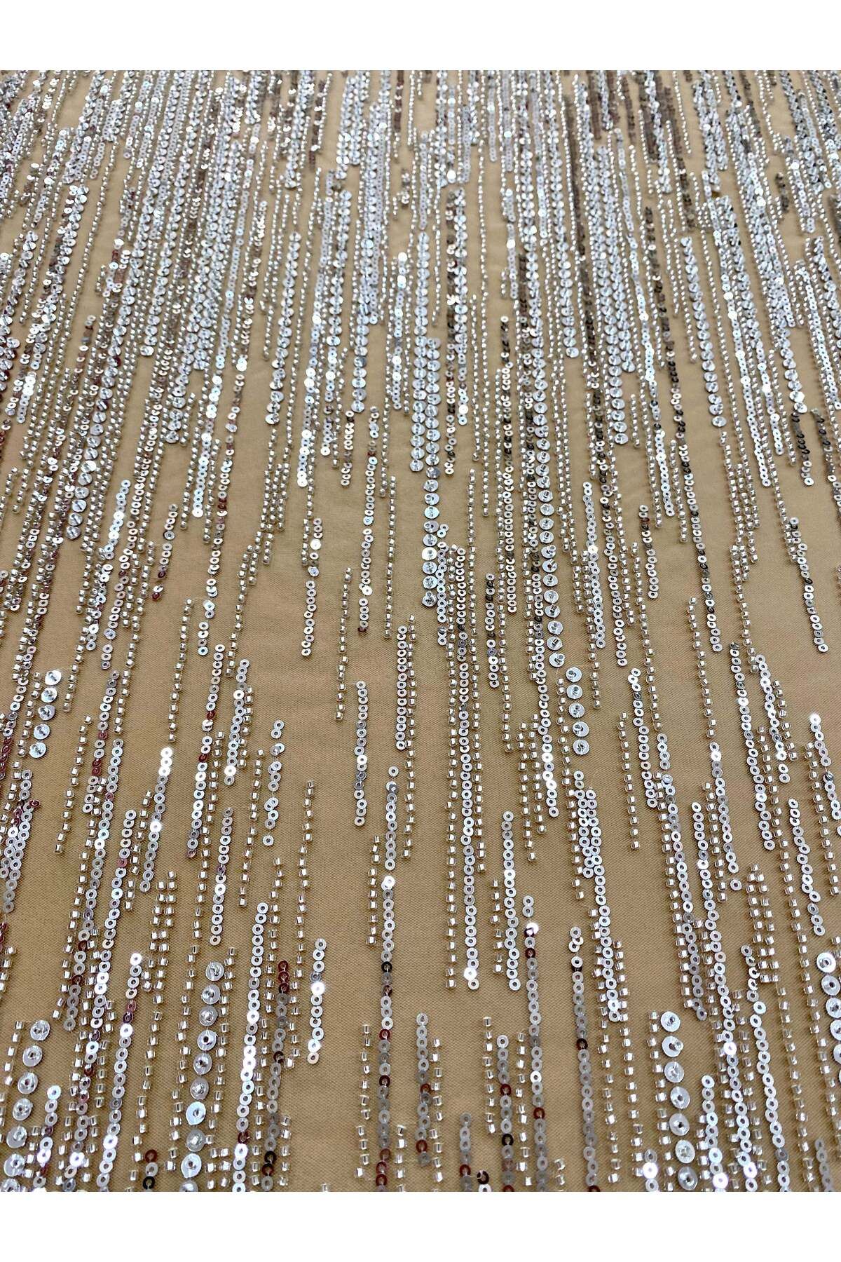 Luxuro-Couture Lace Silver with Nude Tulle with Linear Pattern, with Beads and Sequins 7