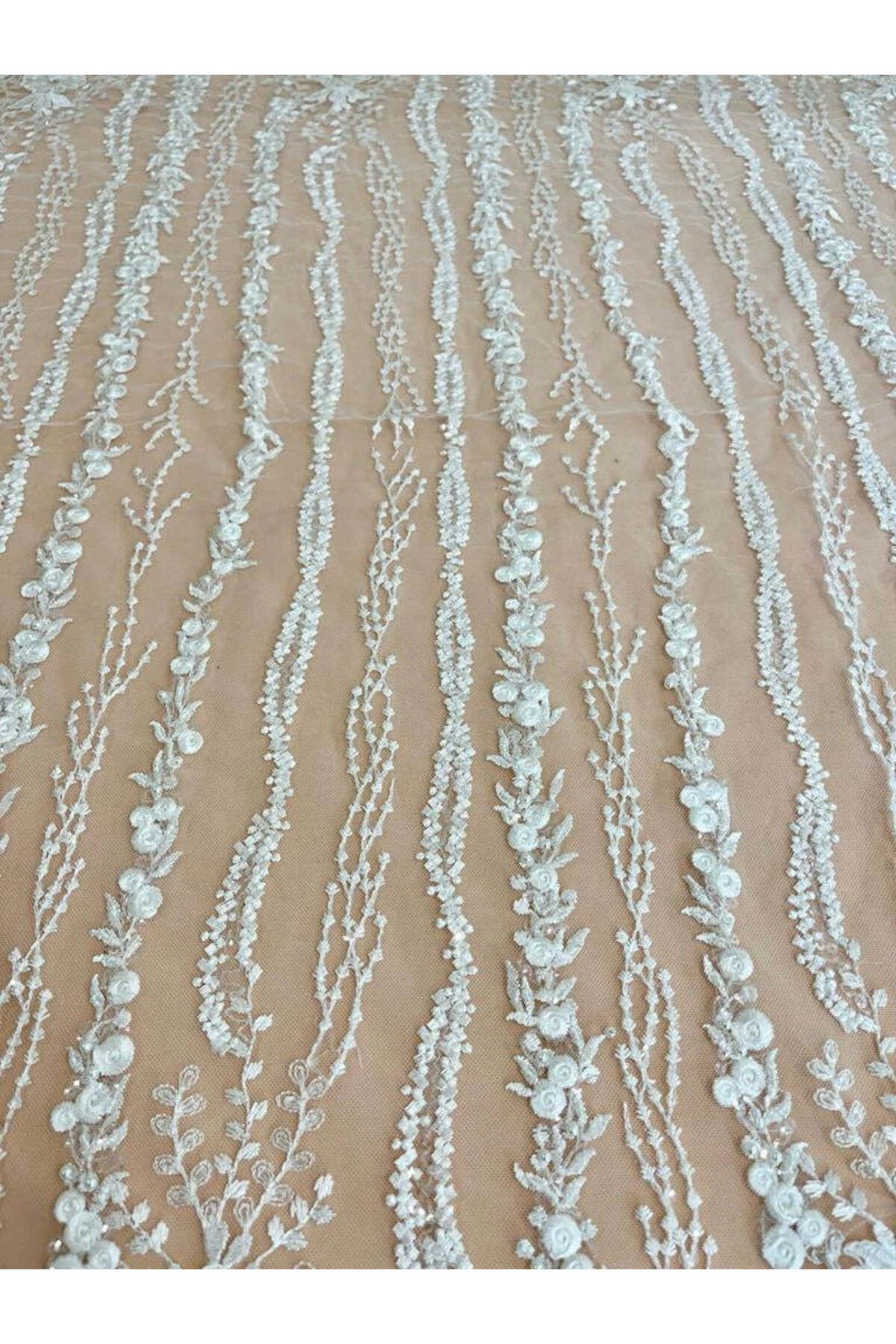 Luxuro-Lace with Linear Pattern with Flowers, Pearls and Sequins 6