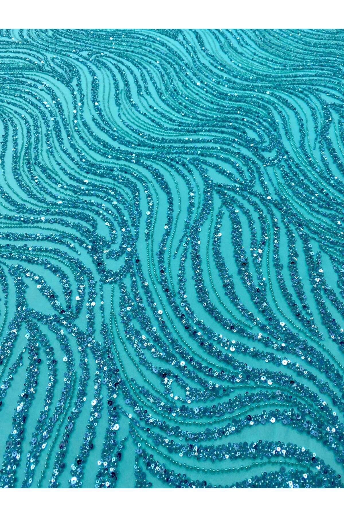 Luxuro-Turquoise Couture Lace with Linear Pattern, Beads and Sequins 3