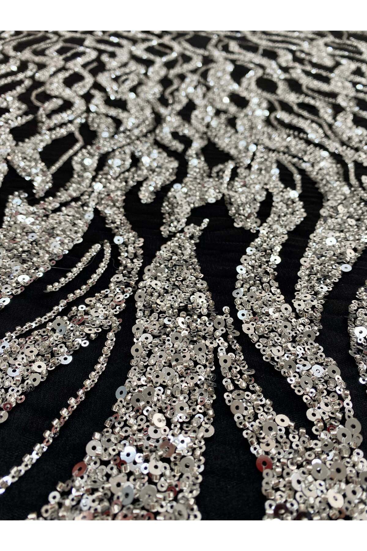 Luxuro-Couture Silver Lace with Black Tulle with String Pattern, Beads and Sequins 5