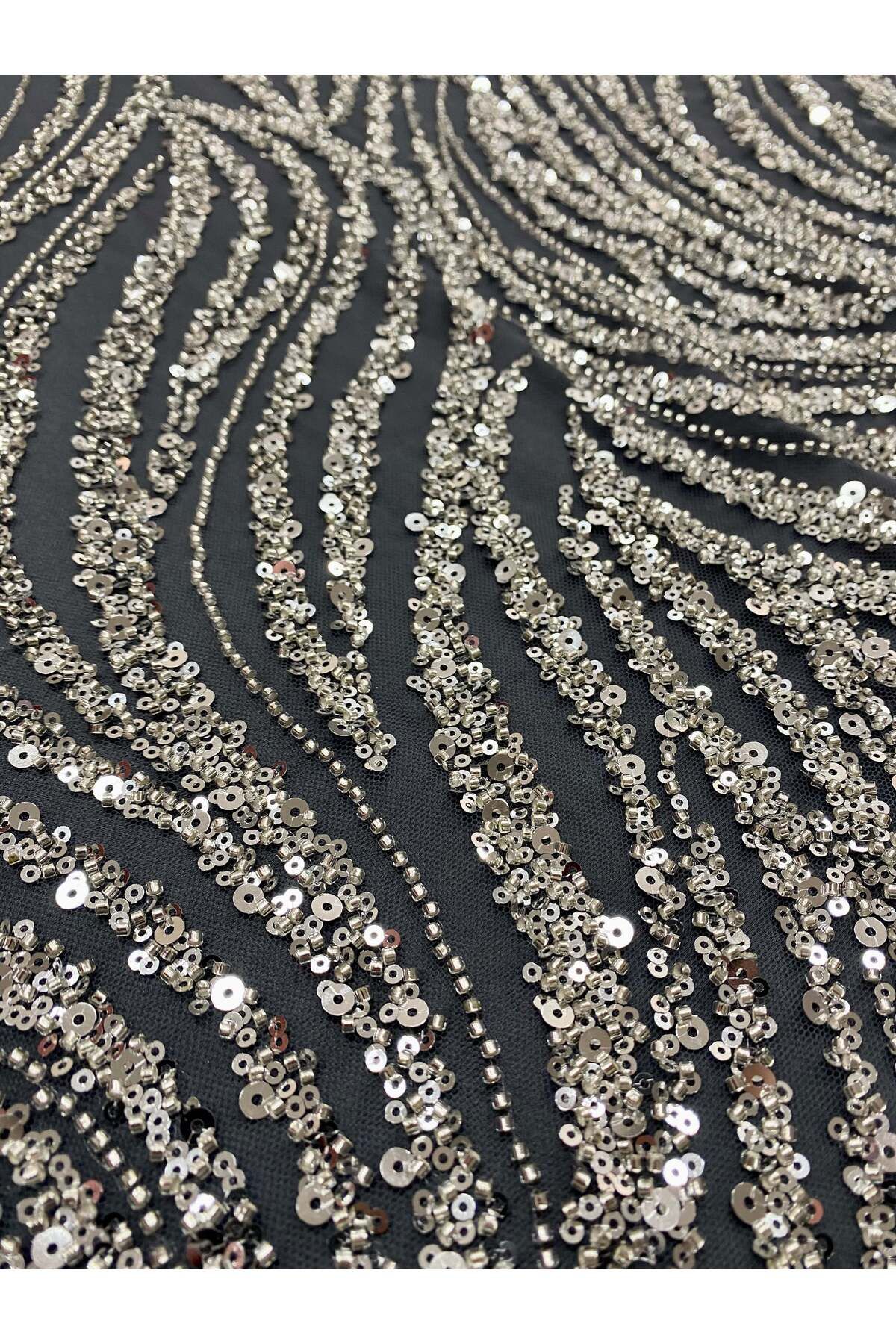 Luxuro-Silver Couture Lace with Anthracite Tulle with Linear Pattern, Beads and Sequins 2