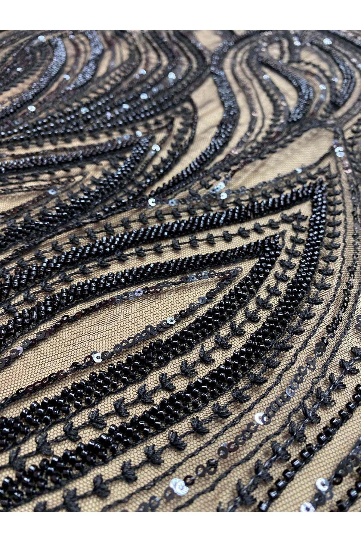 Luxuro-Black Couture Lace with Linear Pattern, Beads and Sequins 6