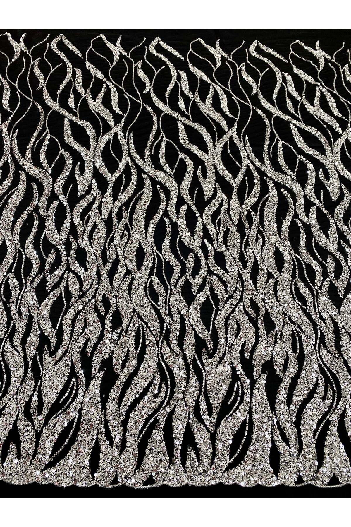 Luxuro-Couture Silver Lace with Black Tulle with String Pattern, Beads and Sequins 1