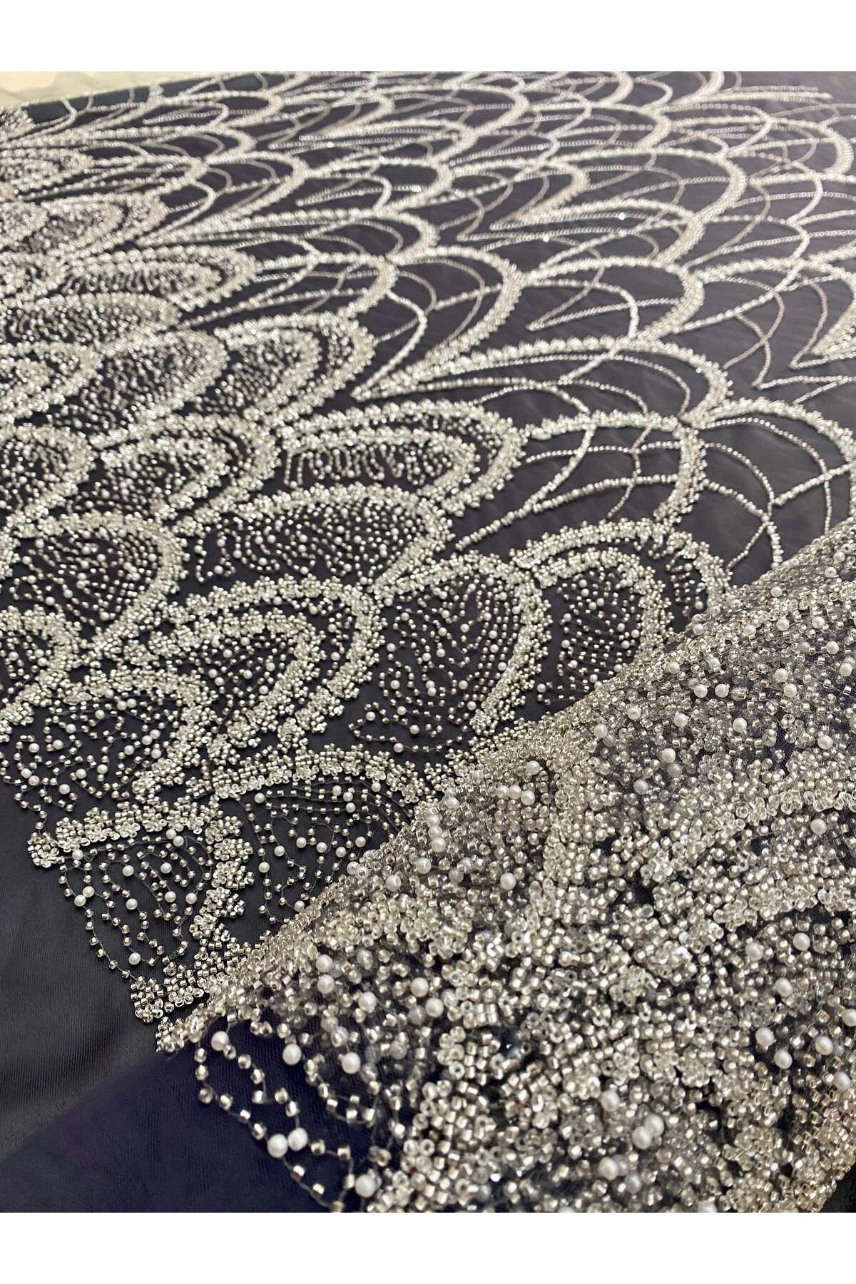 Luxuro-Silver Couture Lace with Anthracite Tulle with Geometric Pattern, with Pearls, Beads and Sequins 6