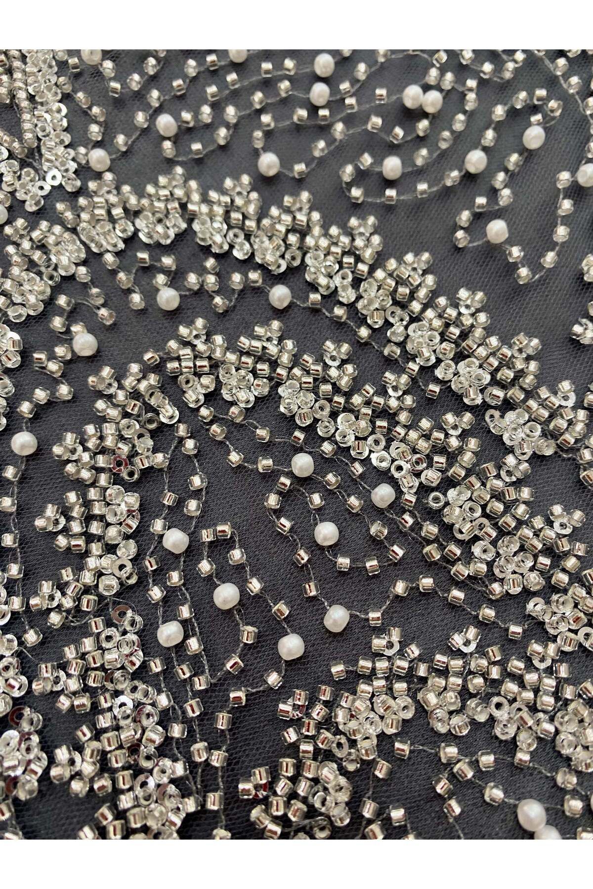 Luxuro-Silver Couture Lace with Anthracite Tulle with Geometric Pattern, with Pearls, Beads and Sequins 3