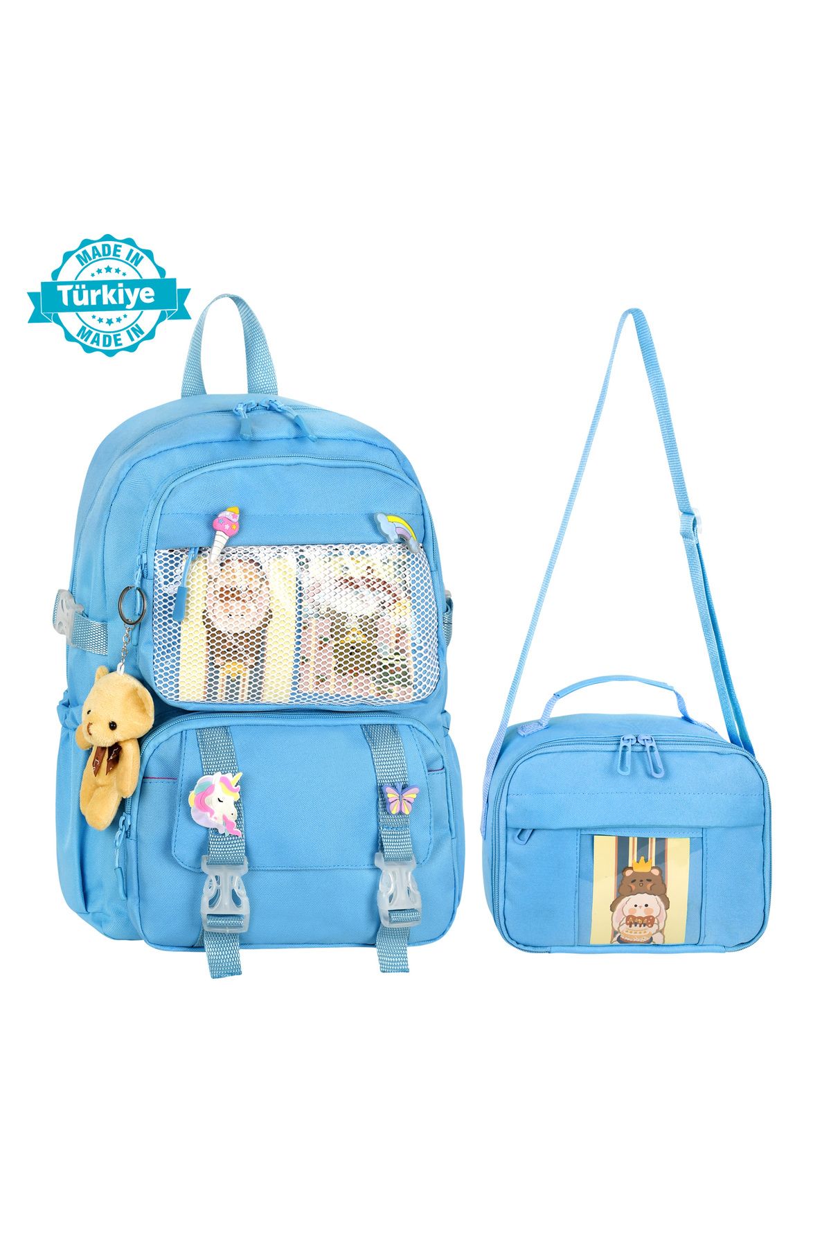 WMİLANO Kawaii Kore Tarzı Aksesuarlı Ilkokul Sırt Çantası Kız Ve Isı Yalıtımlı Termoslu Beslenme Çantası Set