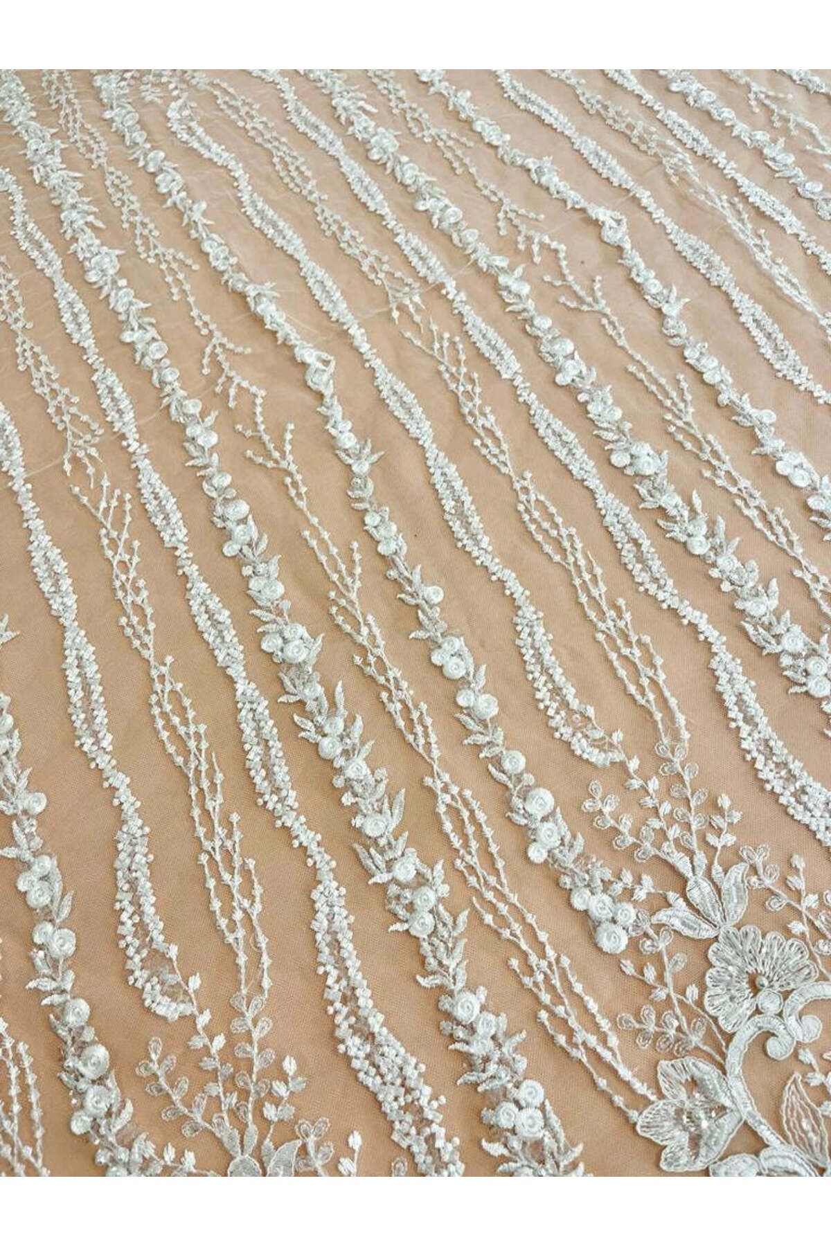 Luxuro-Lace with Linear Pattern with Flowers, Pearls and Sequins 5