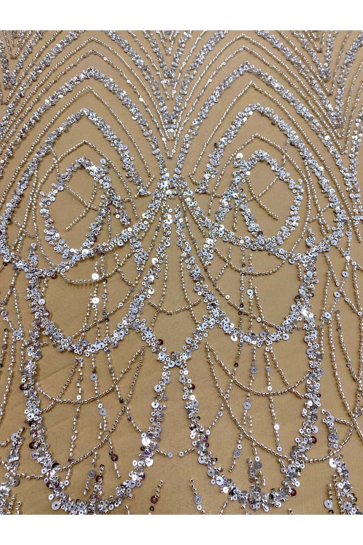 Luxuro-Silver Couture Lace with Nude Tulle with Geometric Pattern with Beads and Sequins 5