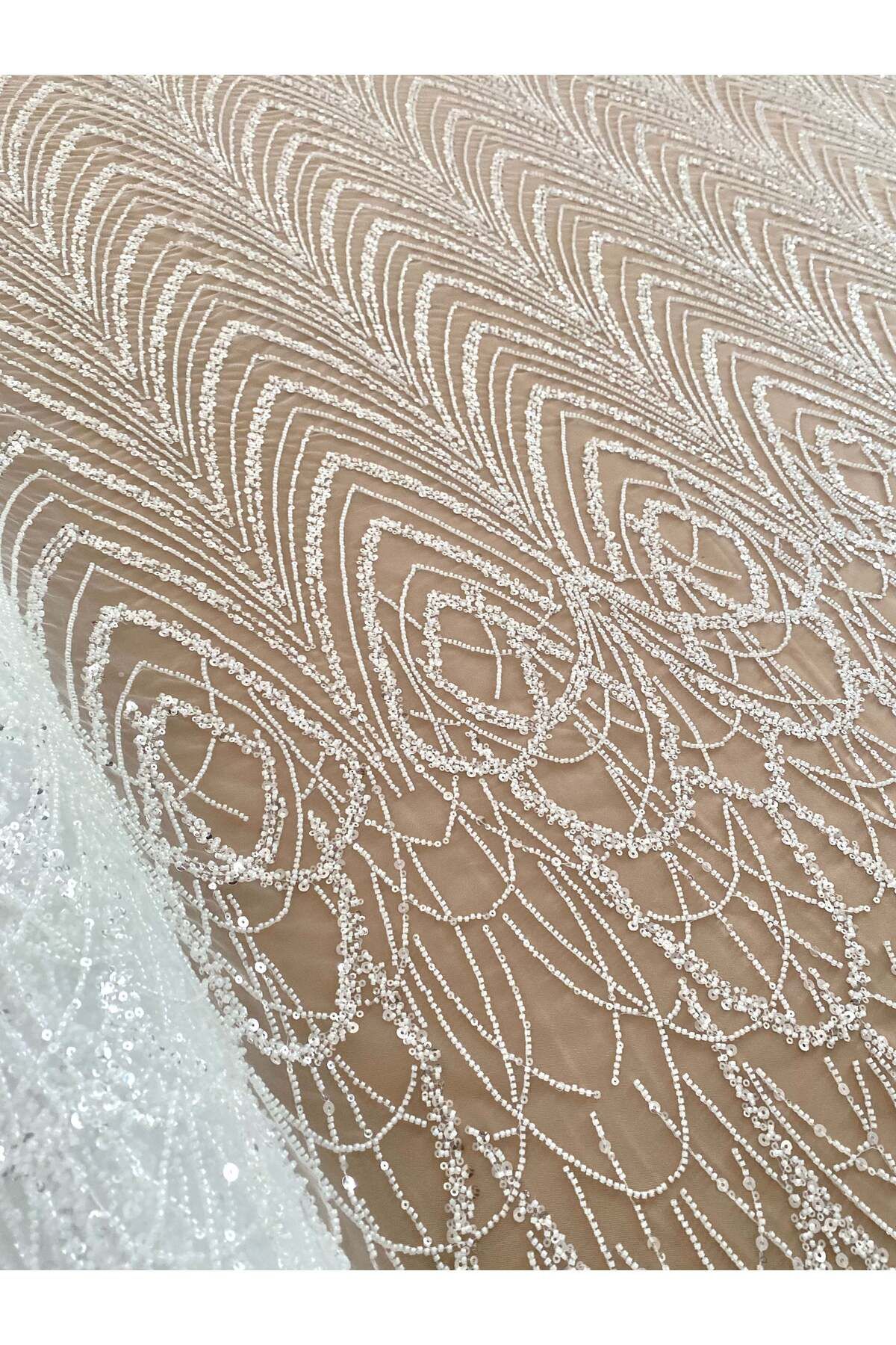 Luxuro-Ivory Couture Lace with Geometric Pattern with Beads and Sequins 3