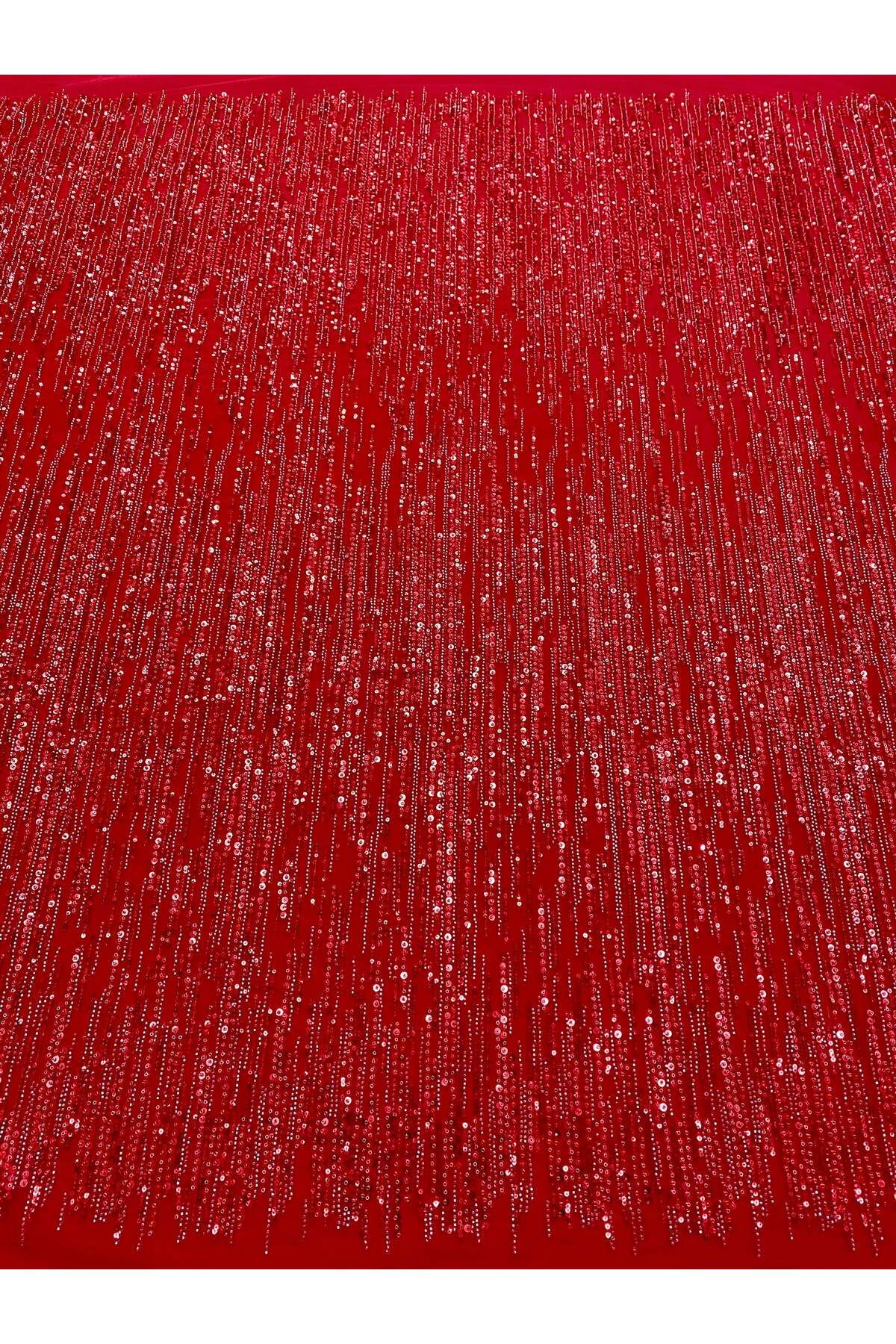 Luxuro-Red Couture Lace with Linear Pattern, Beads and Sequins 1