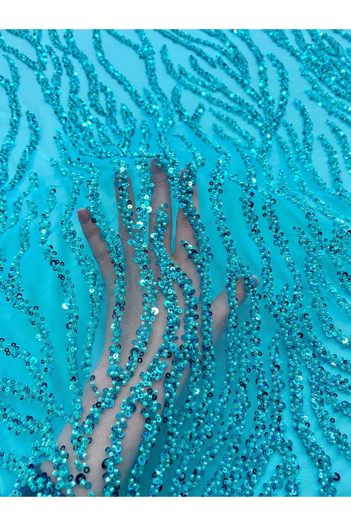 Luxuro-Turquoise Couture Lace with Strings, Beads and Sequins 7