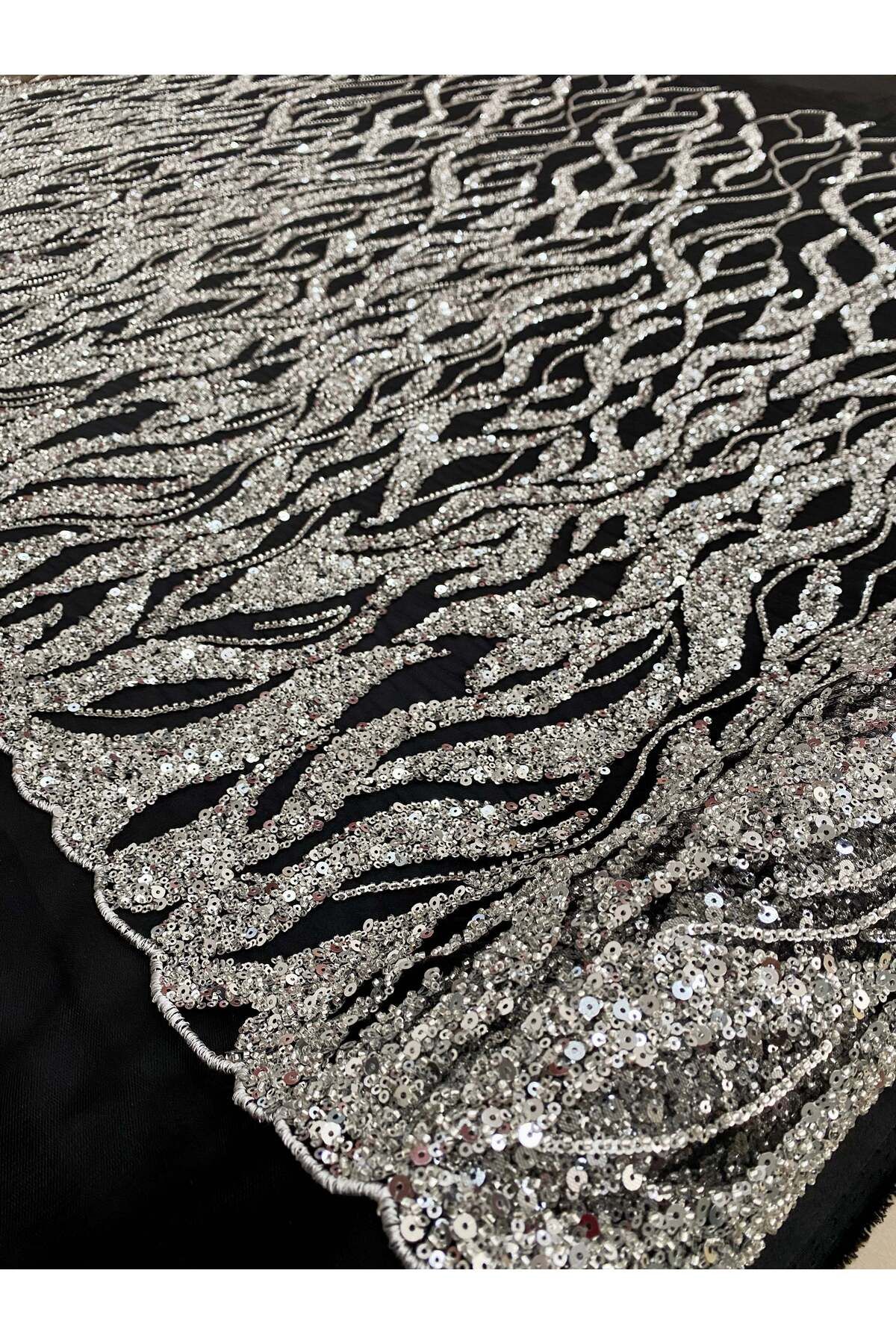 Luxuro-Couture Silver Lace with Black Tulle with String Pattern, Beads and Sequins 7