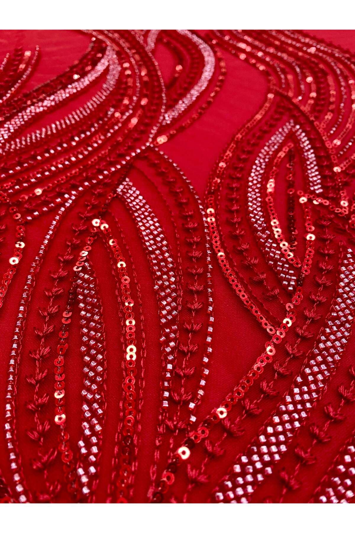 Luxuro-Red Couture Lace with Linear Pattern, Beads and Sequins 4