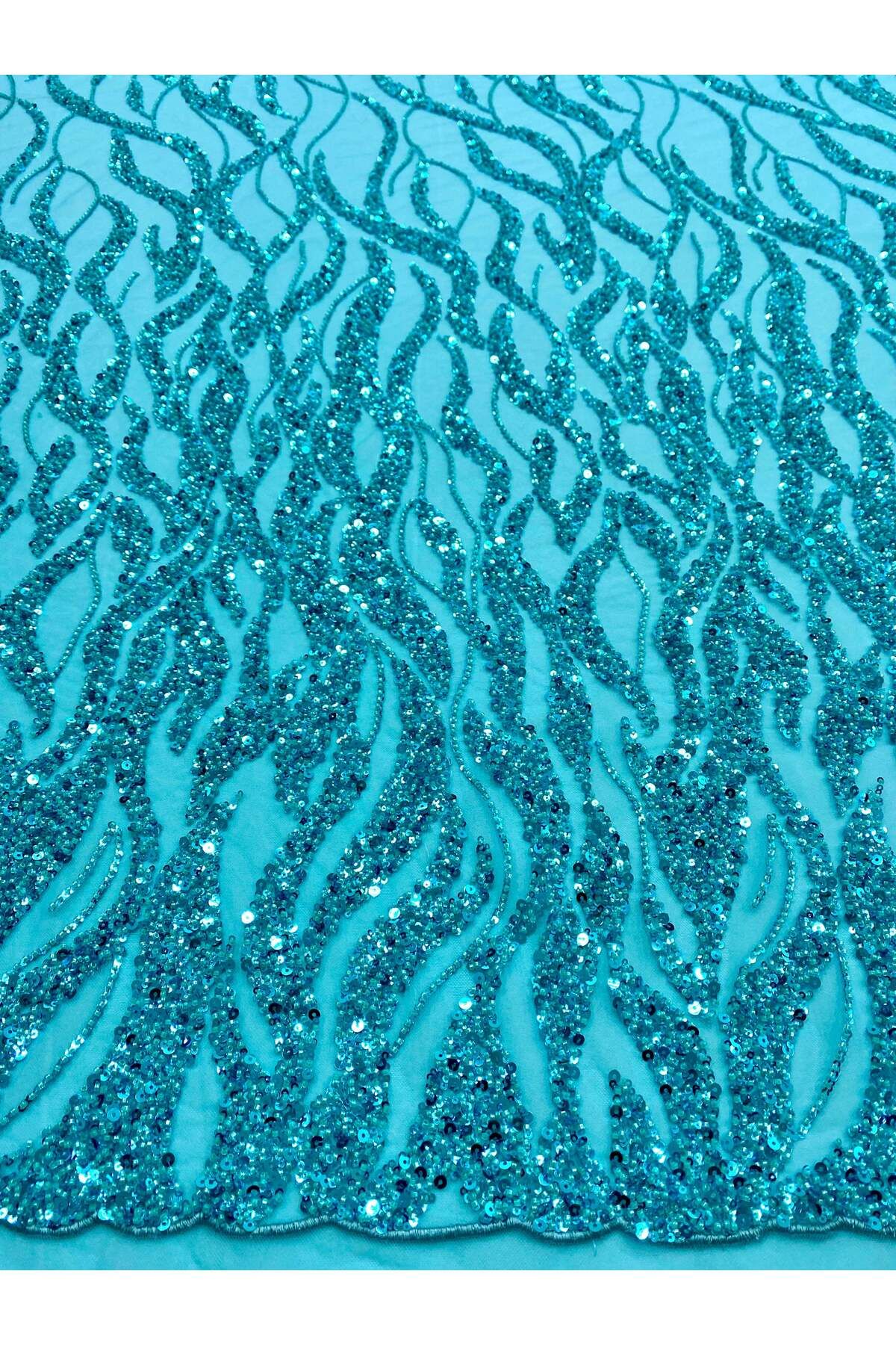 Luxuro-Turquoise Couture Lace with Strings, Beads and Sequins 4