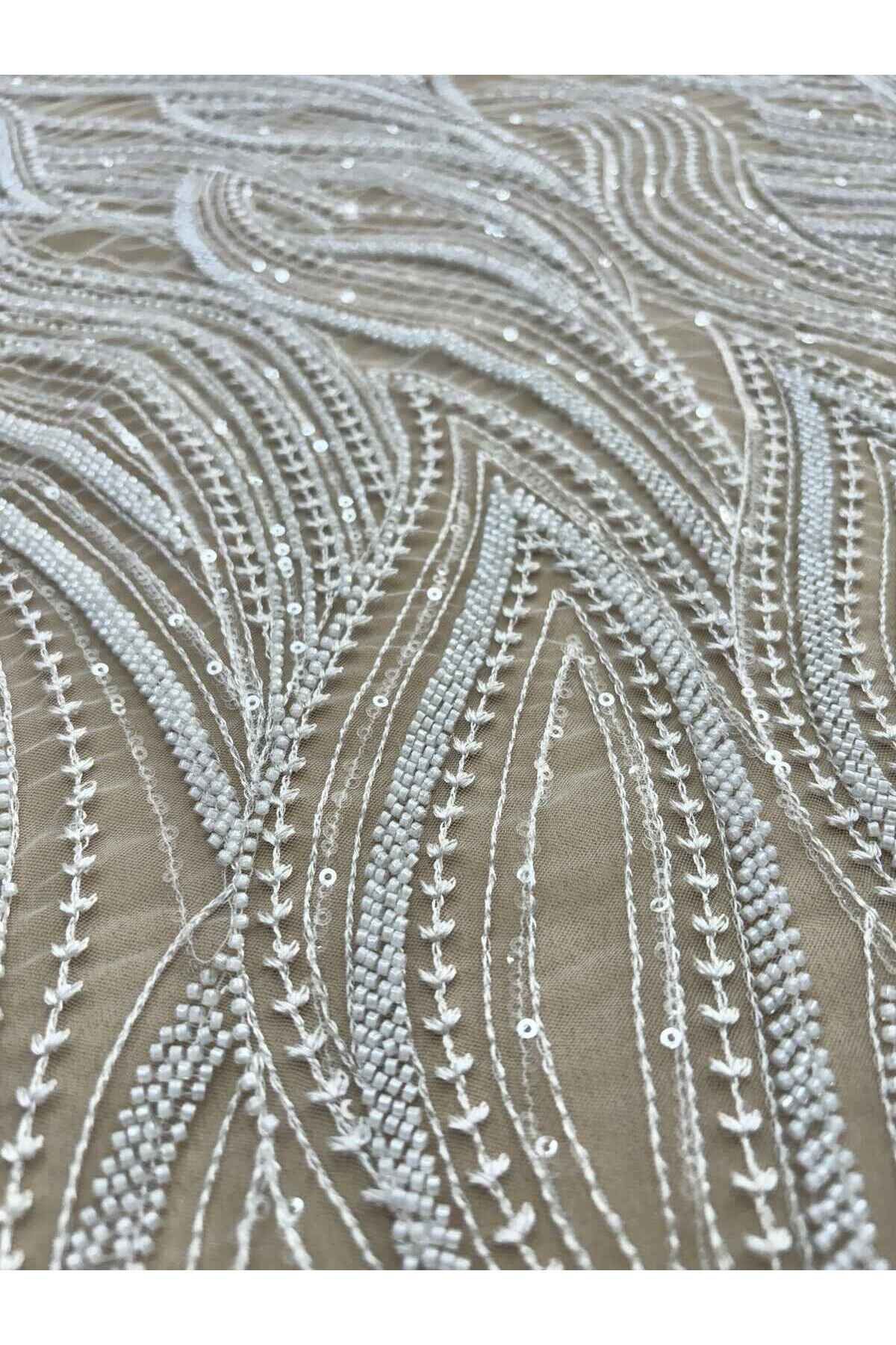 Luxuro-Ivory Couture Lace with Linear Pattern, Beads and Sequins 3