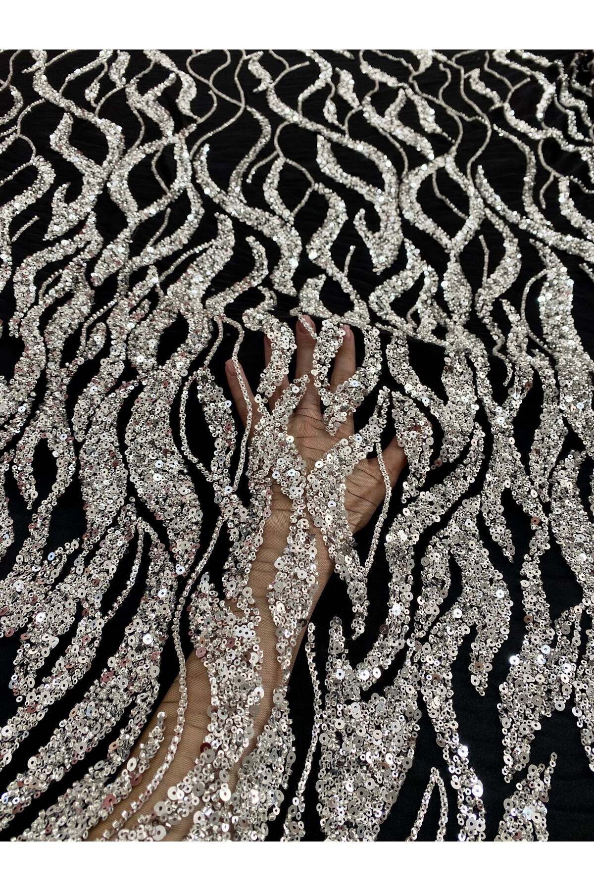 Luxuro-Couture Silver Lace with Black Tulle with String Pattern, Beads and Sequins 2