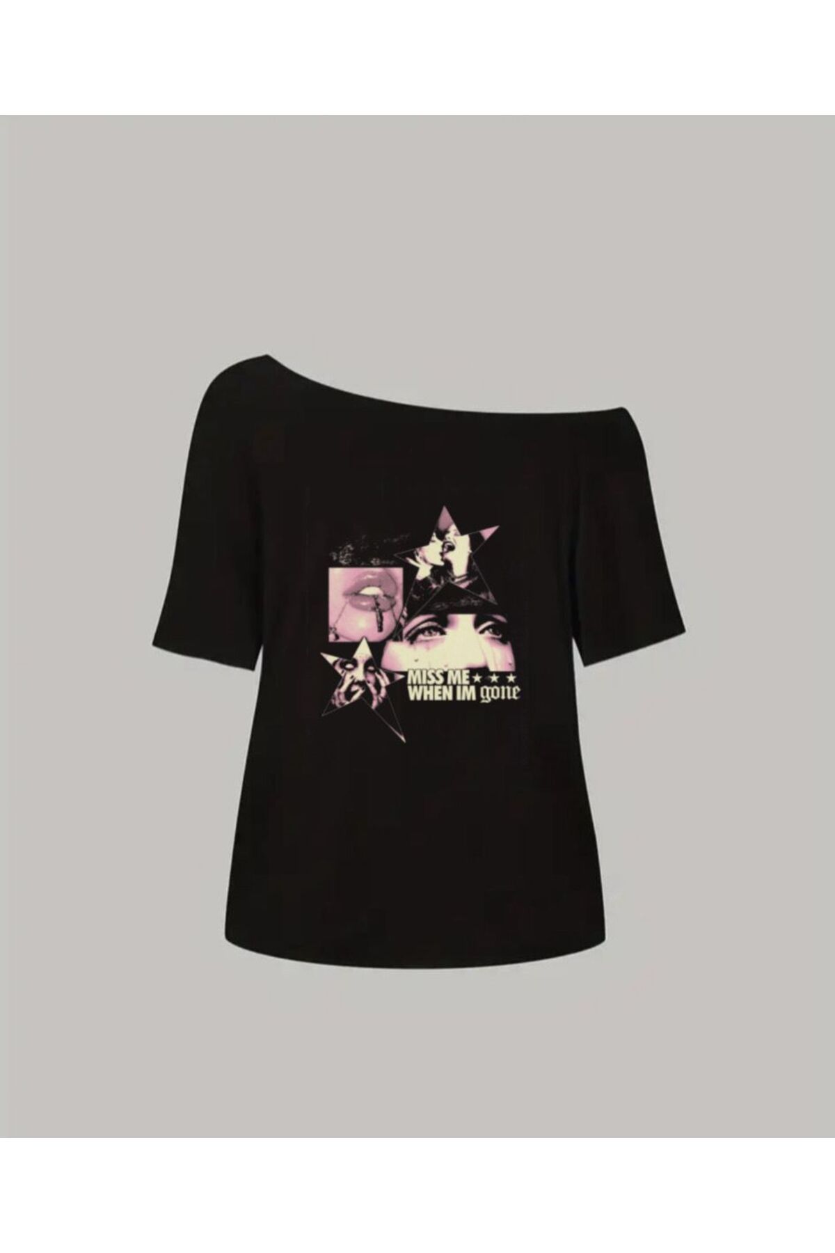 Koklonmoda Kadın Düşük Omuz Kayık Yaka Miss Me When Baskılı T-Shirt