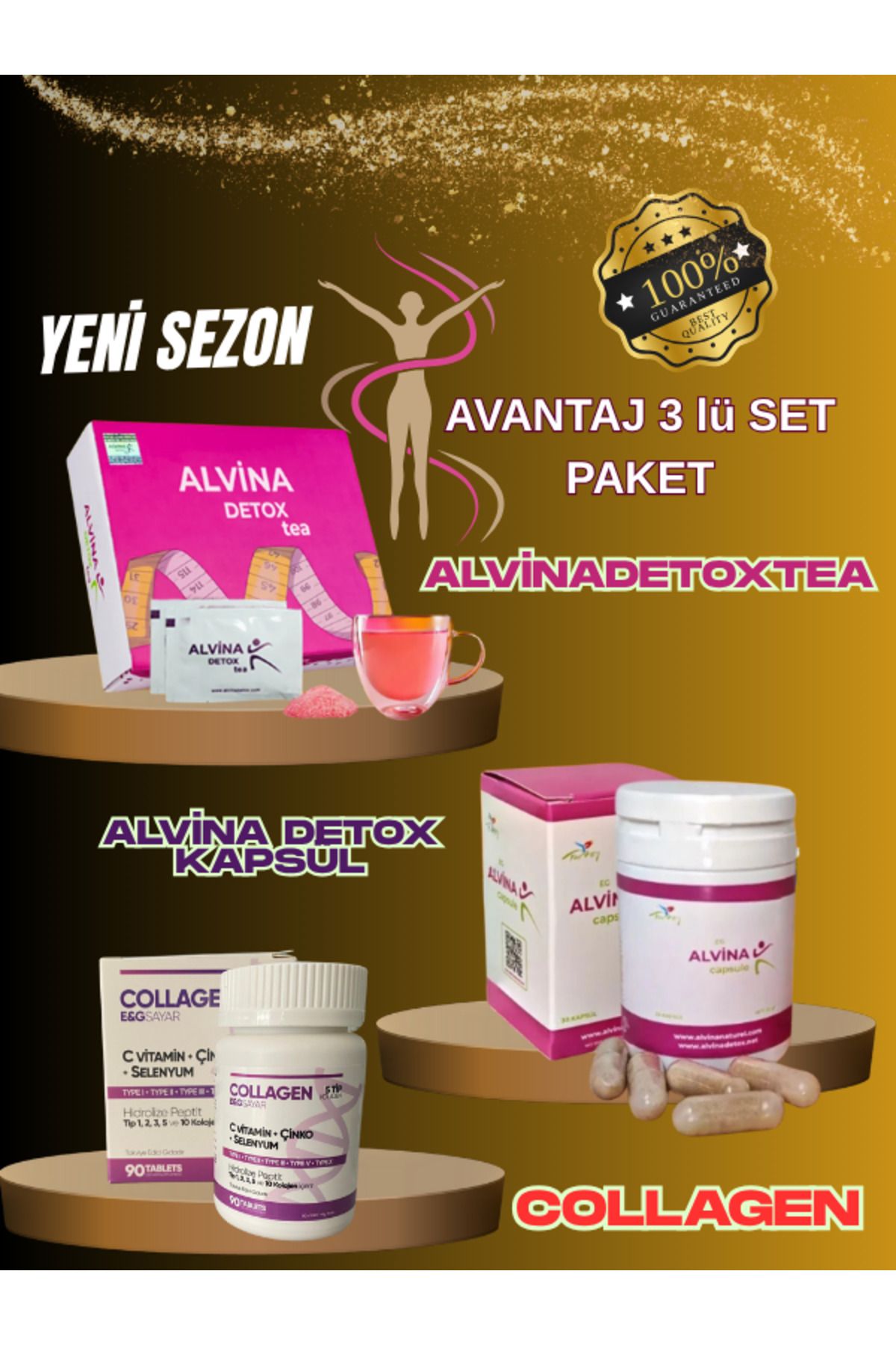 ALVİNA DETOKS Alvina 1 Kapsül 1 Çay 1 Kolajen Süper Paket (3 lü paket)