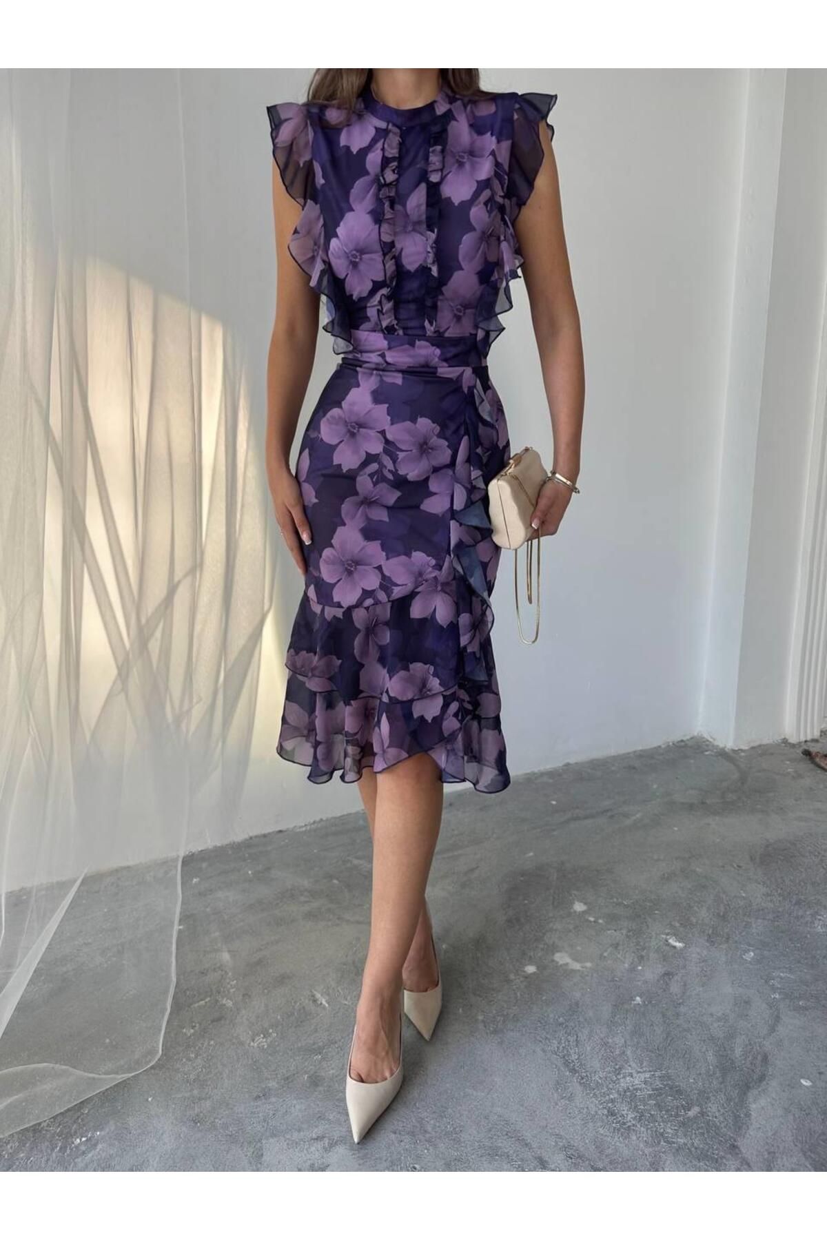 conconmoda Flora Çiçek Baskılı Şifon Midi Elbise