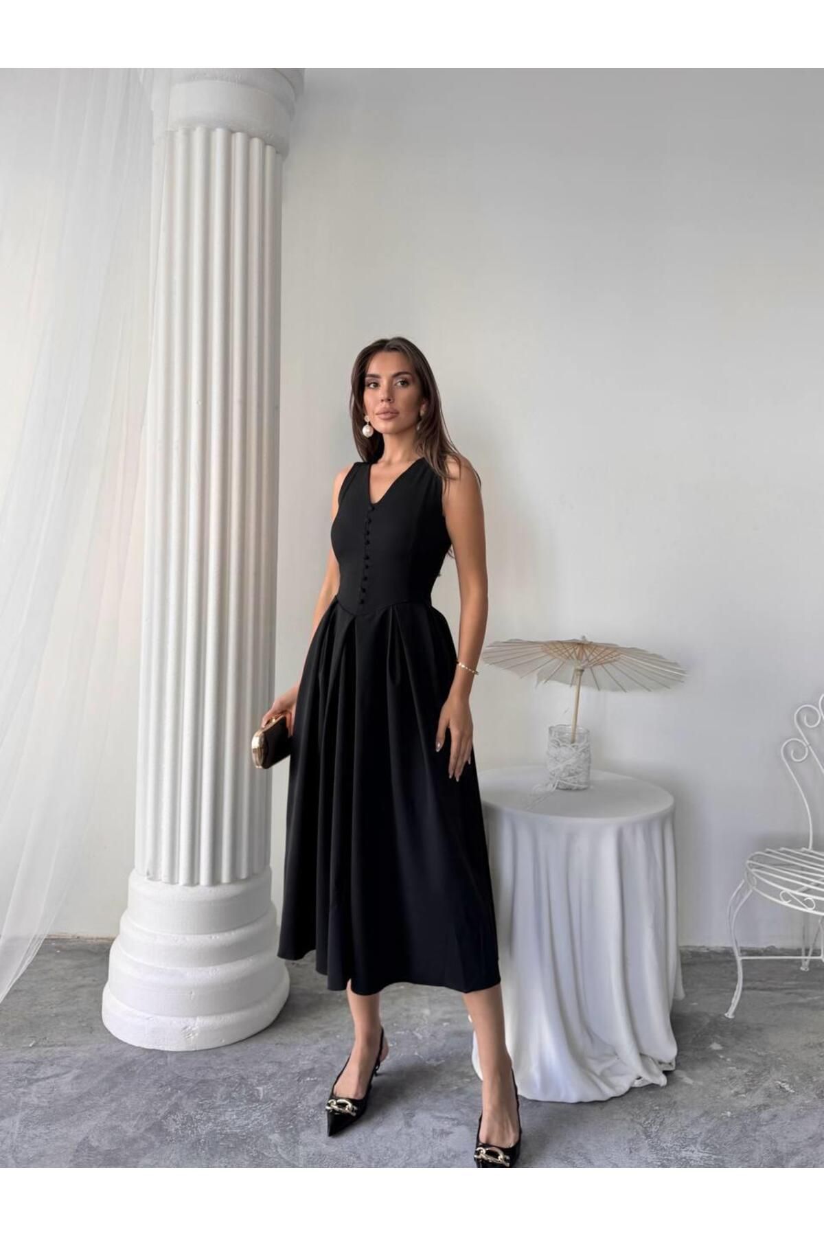 conconmoda Dore Pileli Düğme Detay Midi Elbise