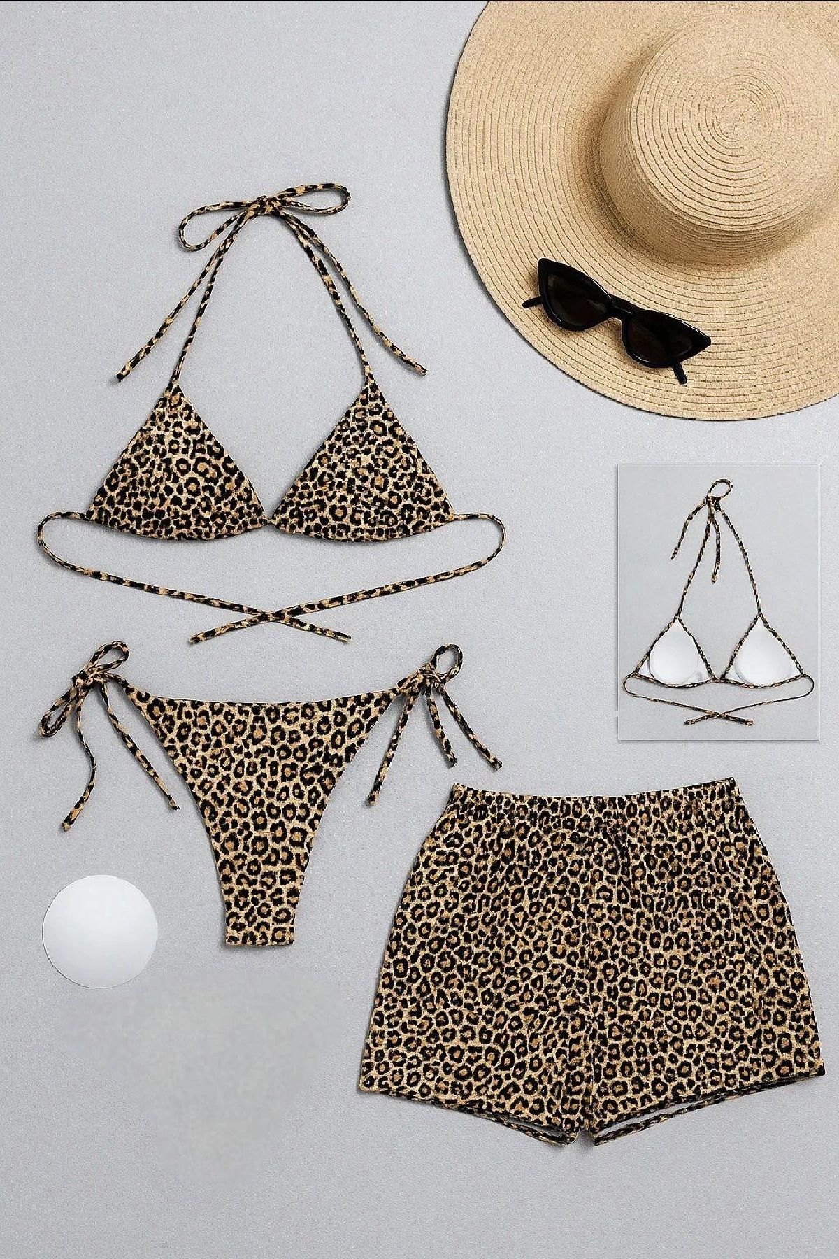 GiyimCity Kadın 3'lü Set Leopar Desenli Şortlu ve Yandan Bağlamalı Bikini Mayo Takımı