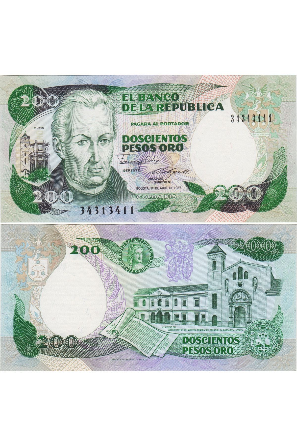 Banknoting KOLOMBİYA 200 PESO 1987 NADİR TARİH. SİMON BOLİVAR BÜSTLÜ. ÇİL KONDİSYON
