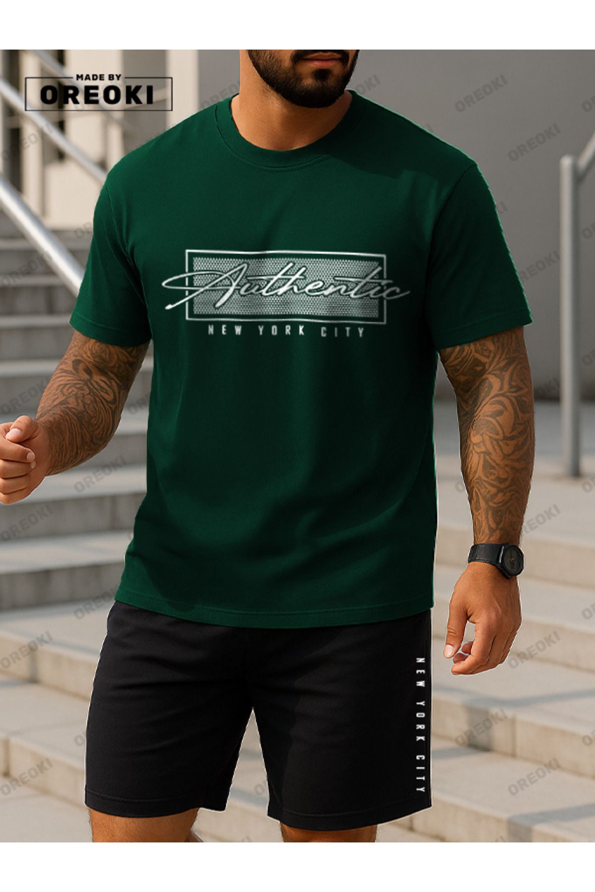 EFFRENATU Otantik Baskılı Pamuklu Kumaş Orman Yeşili T-shirt-Siyah Şort Takım