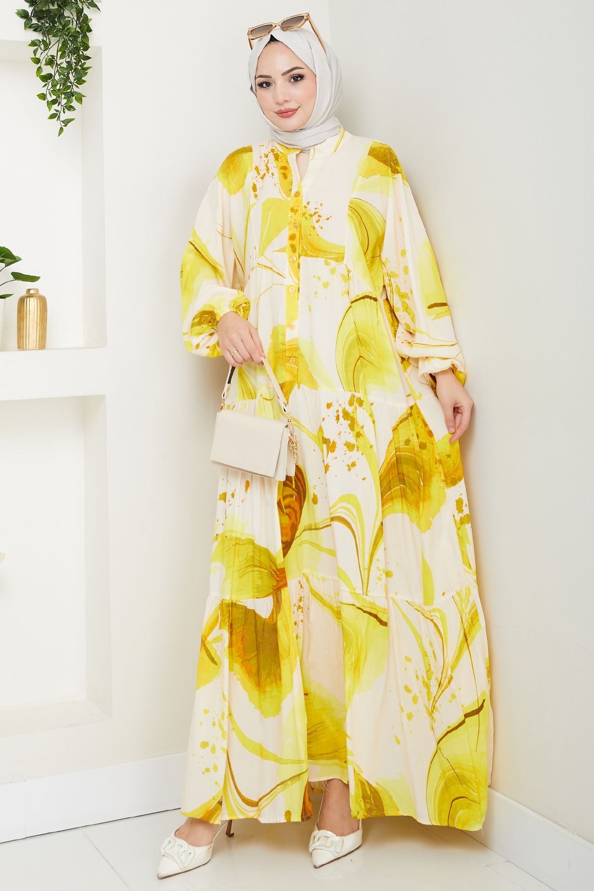InStyle-Digital Print Pattern Viscose Dress Yellow 3