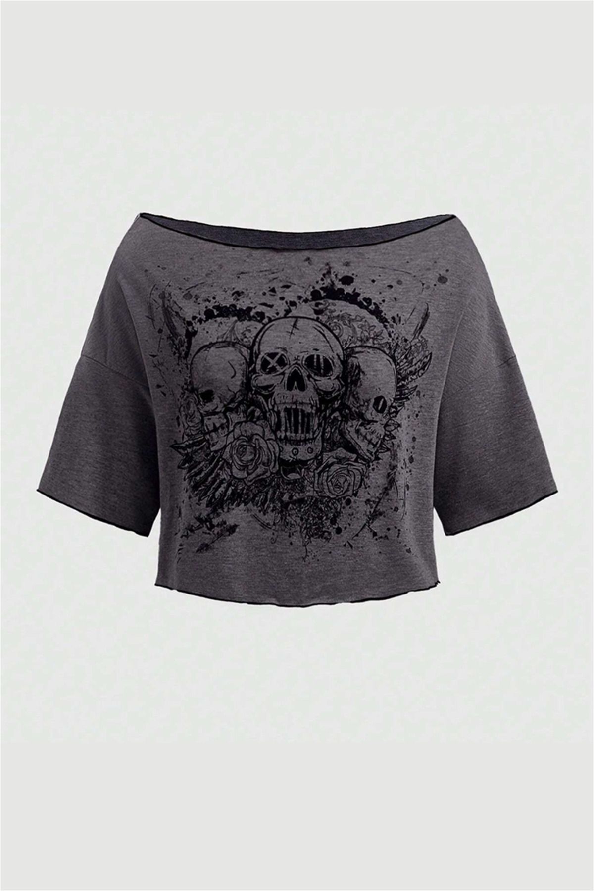 Karakedi Füme Gotik Skulls Omuzu Açık Y2K Kısa Kollu Crop