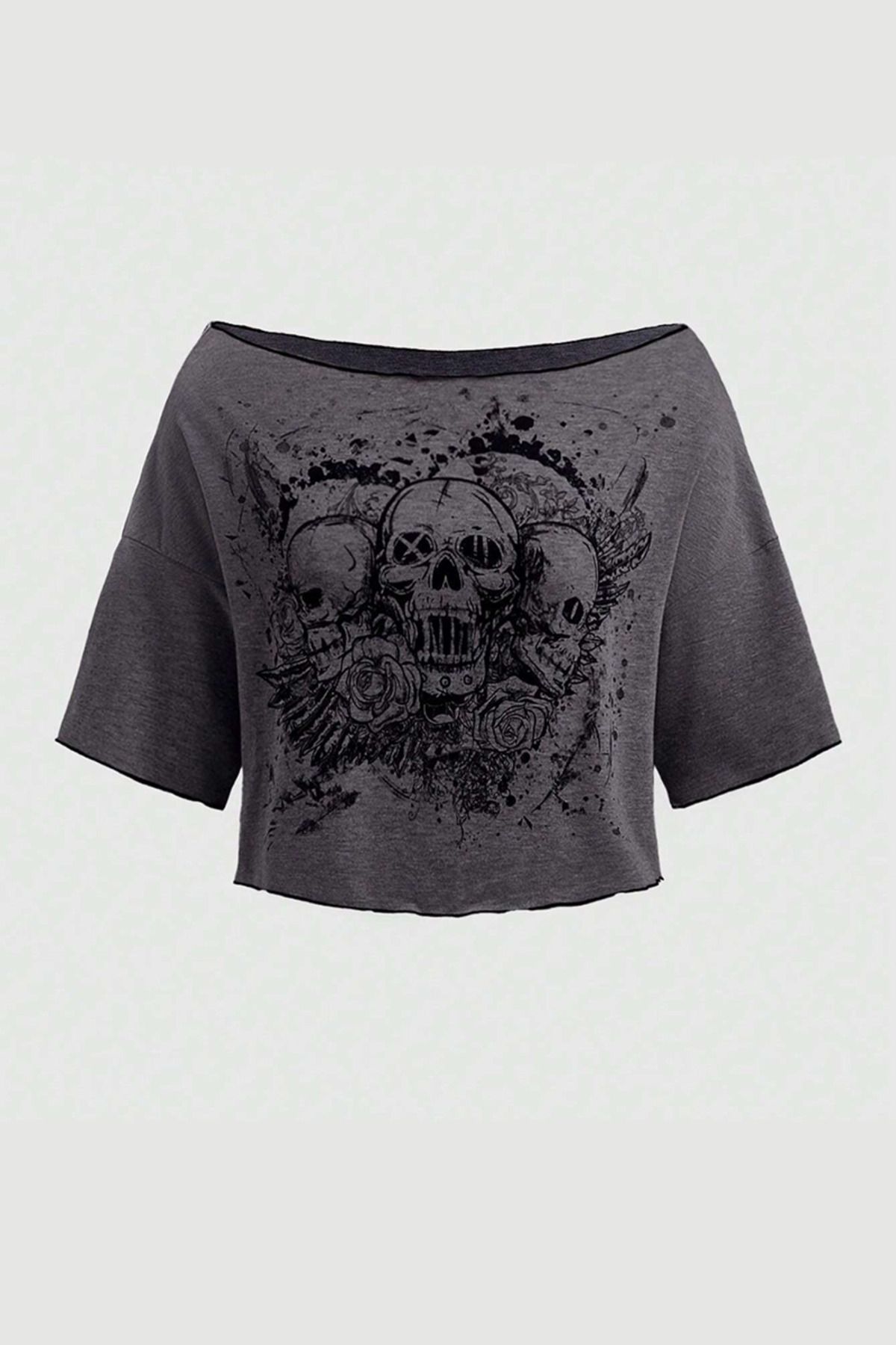 Karakedi Füme Gotik Skulls Omuzu Açık Y2K Kısa Kollu Crop