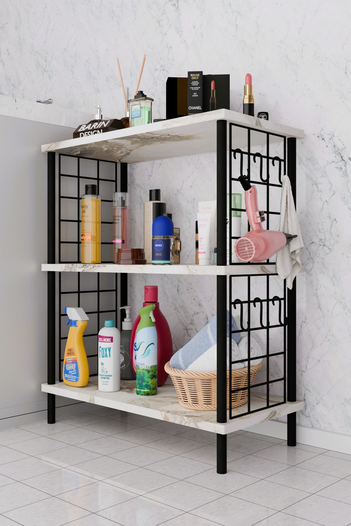 BARIN DESIGN 3Raflı Telli Çevir Kur Çok Amaçlı Banyo Rafı Dolabı Metal Gövdeli Organizer Düzenleyici Saklama Rafı