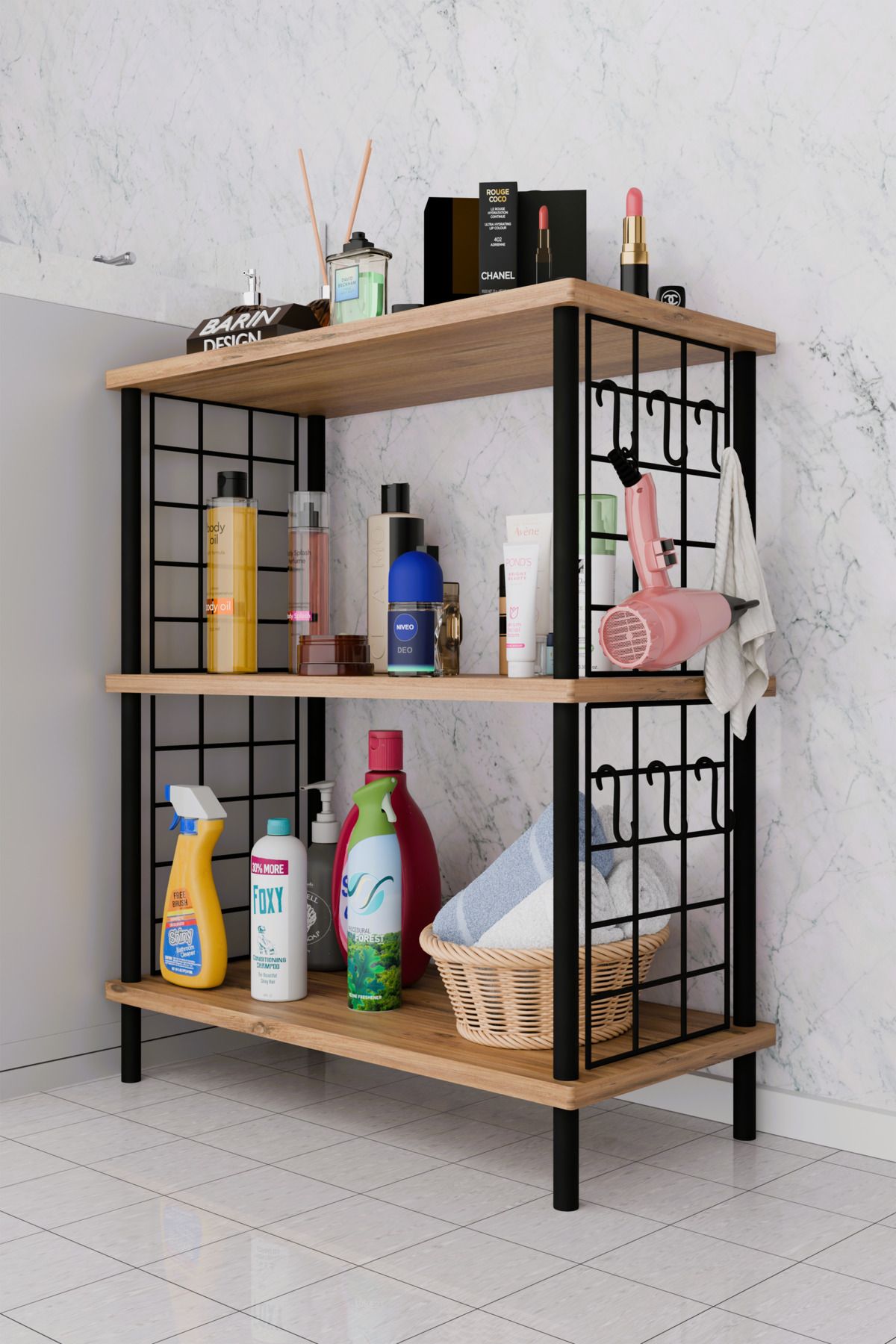 BARIN DESIGN 3Raflı Telli Çevir Kur Çok Amaçlı Banyo Rafı Dolabı Metal Gövdeli Organizer Düzenleyici Saklama Rafı