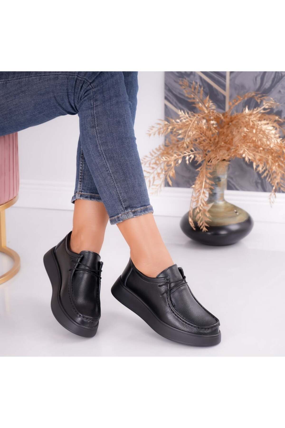 MODA STİL-Women's casual shoes Black Natural Leather Sandy, 36 3