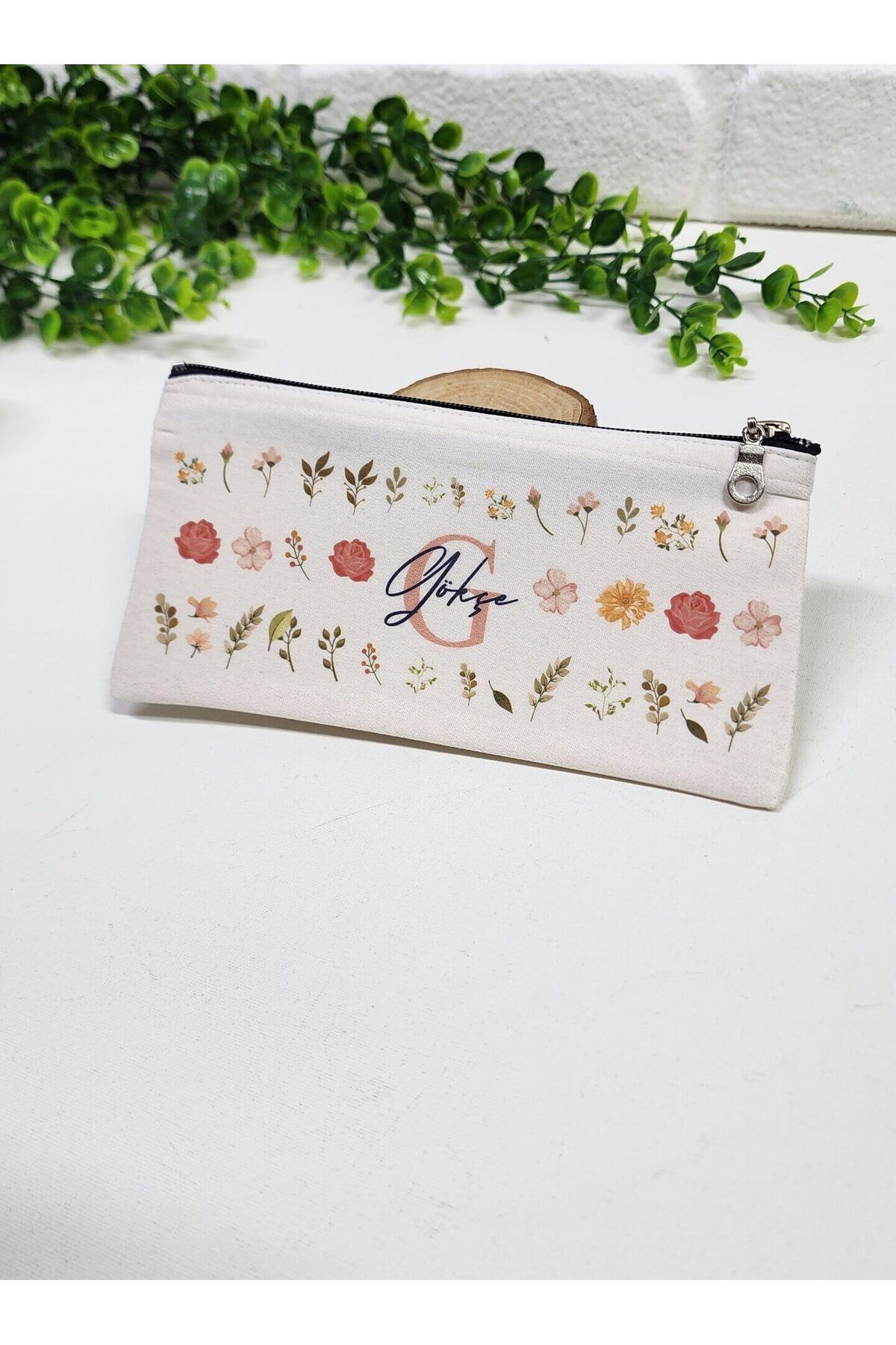 happy mountains Kişiye Özel İsimli Kalemlik Pastel Renkli Çiçek ve Yaprak Desenli Kalemlik Bez Mini Organizer