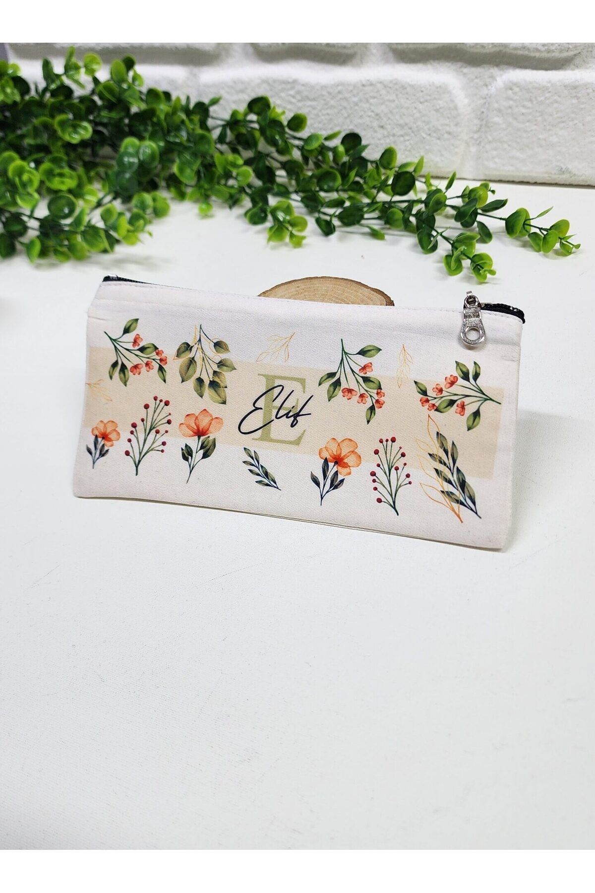 happy mountains Kişiye Özel İsimli Kalemlik Yeşil Yaprak ve Kırmızı Çiçekli Kişiye Özel Kalemlik Bez Mini Organizer