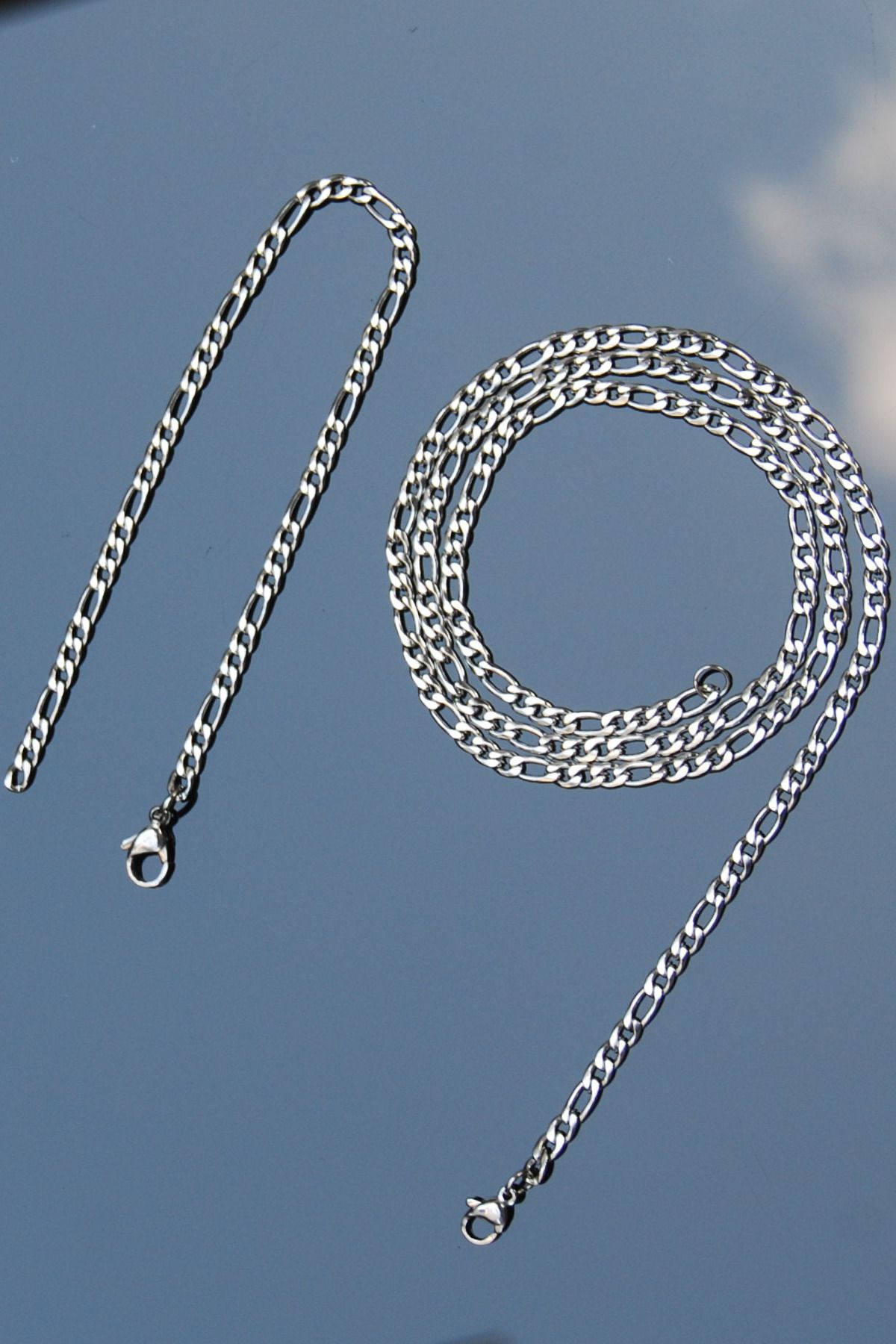 Rua Jewelry Figaro Model Zincir Paslanmaz Çelik Kolye & Bileklik Gümüş Renk 65 cm Kolye 21 cm Bileklik 3mm