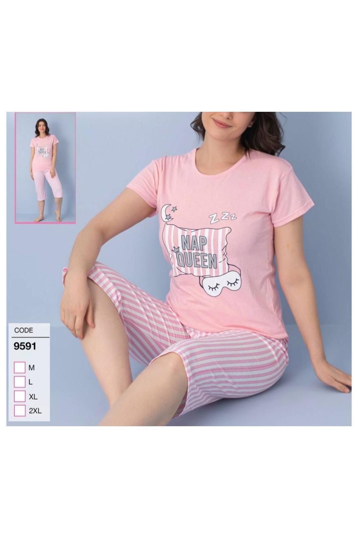 skycott kadın pembe pamuklu kısa kollu kaprili viskon pijama takımı