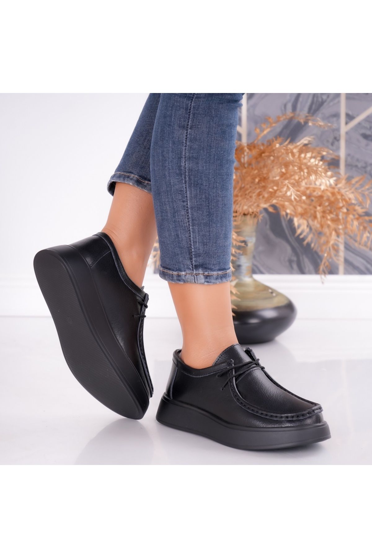 MODA STİL-Women's casual shoes Black Natural Leather Sandy, 36 4