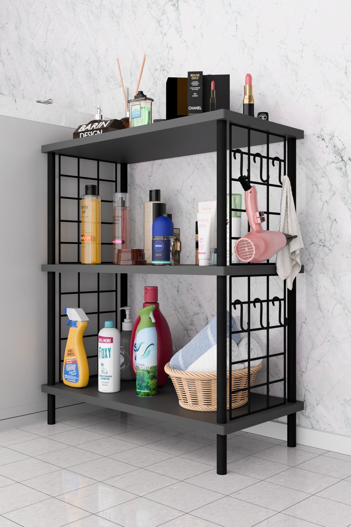 BARIN DESIGN 3Raflı Telli Çevir Kur Çok Amaçlı Banyo Rafı Dolabı Metal Gövdeli Organizer Düzenleyici Saklama Rafı