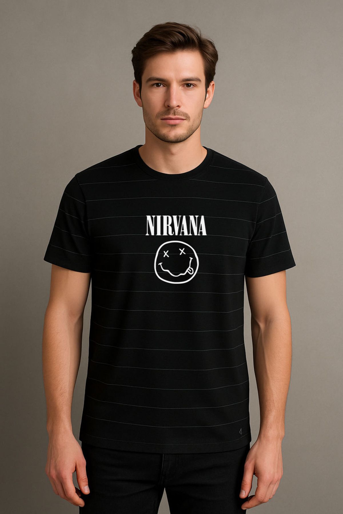 sielta Nirvana Müzik Grubu Baskılı Çizgili Bisiklet Yaka Unisex Siyah Tişört T-shirt